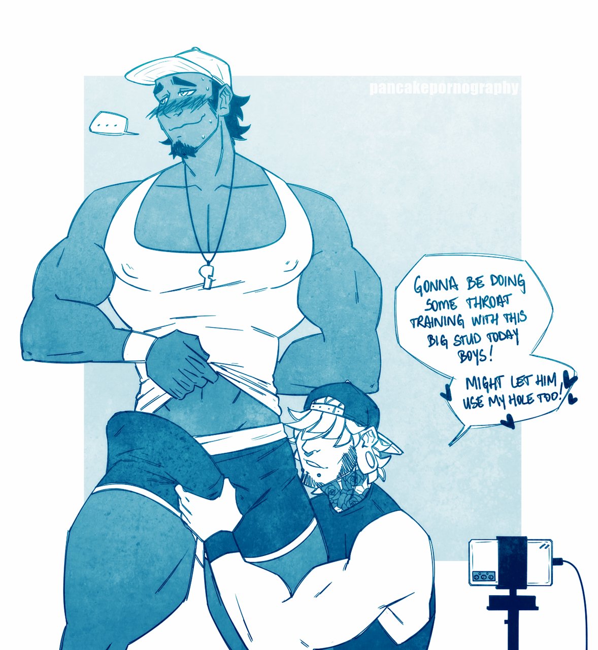 2boys ashley_(thepancakehub) bara bara_tits big_breasts big_penis blush blushing boner buff bulge bulge_through_clothing calvin_(thepancakehub) coach coach_calvin_(thepancakehub) dark-skinned_male dark_skin dialogue duo encouragement english_text gay gay_sex hair_covering_eyes large_breasts large_penis larger_male male male_focus male_only muscles muscular muscular_male no_eyes pecs pectorals piercing recording shirt_lift shirt_up tattoo thepancakehub verbal