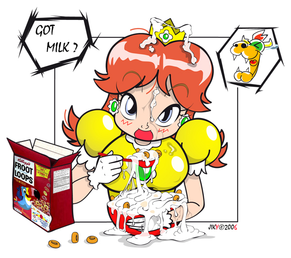 2006 bowser bukkake cereal cum cum_in_food cum_on_food dress food froot_loops gokkun got_milk jiky mario_(series) meme nintendo parody princess_daisy straight_hair