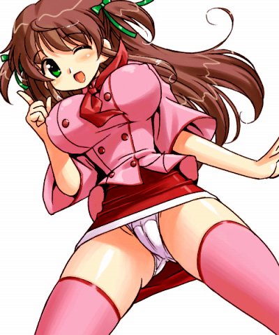 bow breasts brown_hair erect_nipples green_eyes large_breasts lowres miniskirt panties skirt thighhighs tsukino tsukino_azusagawa two_side_up underwear white_panties wink yakitate!!_japan