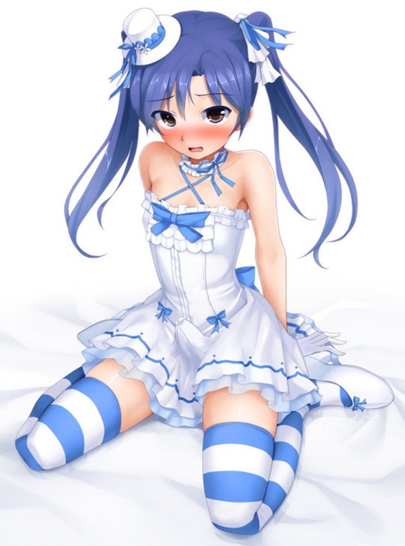 1boy androgynous bare_shoulders bed_sheet blue_hair blush brown_eyes bulge choker criss-cross_halter crossdressing dress erection_under_clothes eto femboy girly gloves halter_top halterneck hat high_heels highres idolmaster kisaragi_chihaya long_hair looking_at_viewer male mini_hat mini_top_hat open_mouth penis_under_dress ribbon rule_63 shoes simple_background sitting skindentation solo striped striped_legwear thighhighs tied_hair top_hat trap twintails wariza white_background white_dress zettai_ryouiki