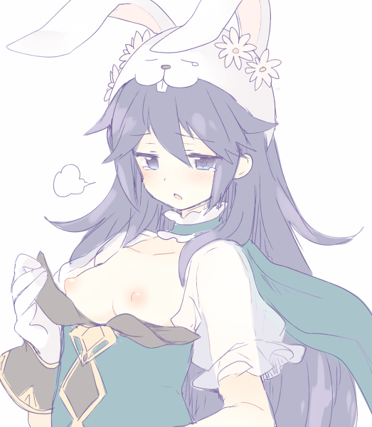 animal_ears areolae black_hair blue_eyes blue_hair blush breasts breasts_out bunny_ears bunnysuit crying female fire_emblem fire_emblem_awakening fire_emblem_heroes gloves long_hair lucina_(fire_emblem) lucina_(spring)_(fire_emblem) nipples open_mouth simple_background sleeves small_breasts solo teu_(navy) white_gloves