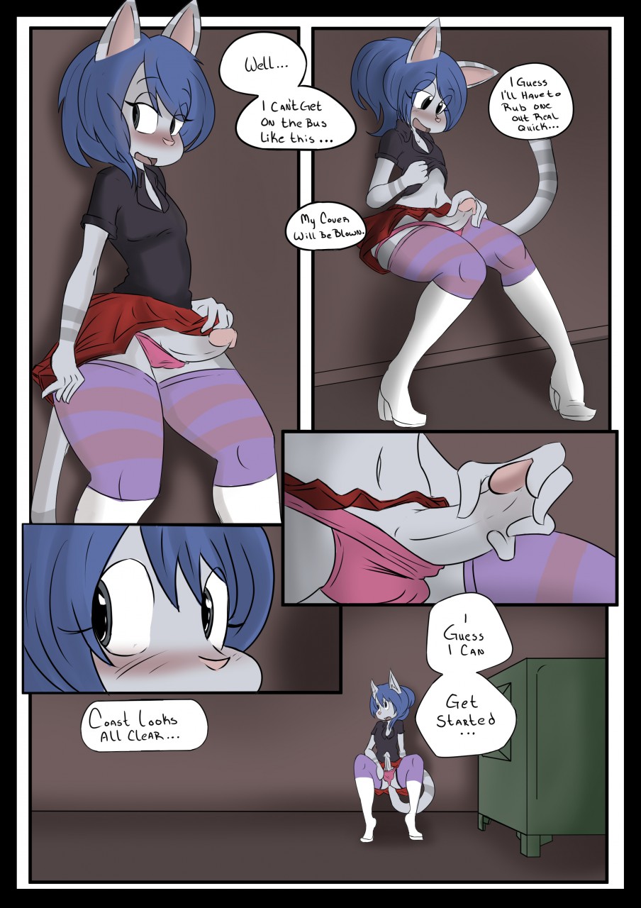 1boy androgynous anthro balls_in_panties comic crossdressing cum english_text erection femboy girly male male_only mammal masturbation pedverse penis_under_skirt solo text trap