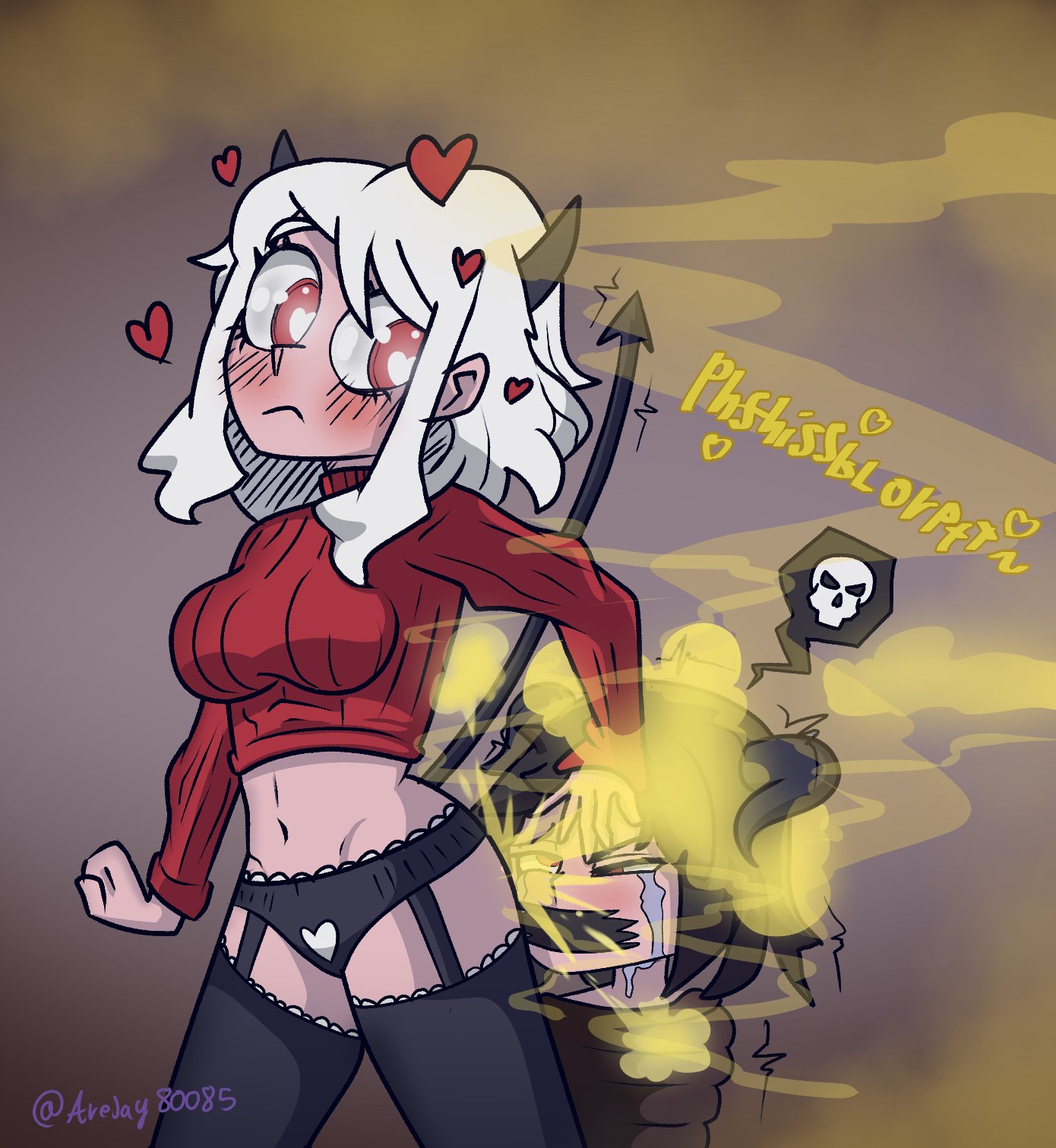 2girls, arejay, big breasts, black hair, black panties, blush, bondage, bound, breasts, enjoying farting, fart, fart cloud, fart fetish, farting, farting in face, female, femdom, femsub, gag, gagged, garter belt, hand on head, heart, heart-shaped pupils, helltaker, horns, looking back, modeus (helltaker), multiple females, multiple girls, panties, red eyes, restrained, short hair, sweater, tail, tape gag, taped mouth, tears, text, text bubble, thighhighs, tied up, underwear, white hair, yuri