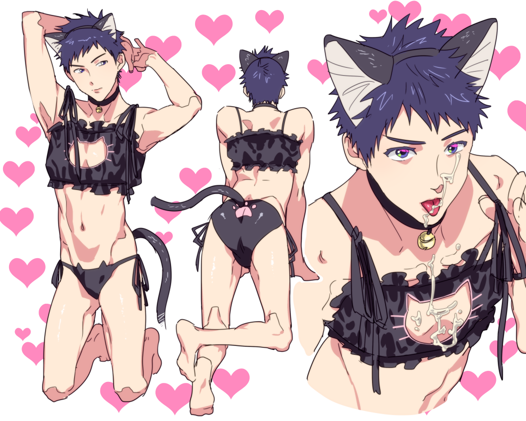 1boy animal_ears ass barefoot bell collar cum days_(manga) facial gay kimidake lingerie looking_at_viewer male_only solo_focus tail tongue tongue_out yaoi