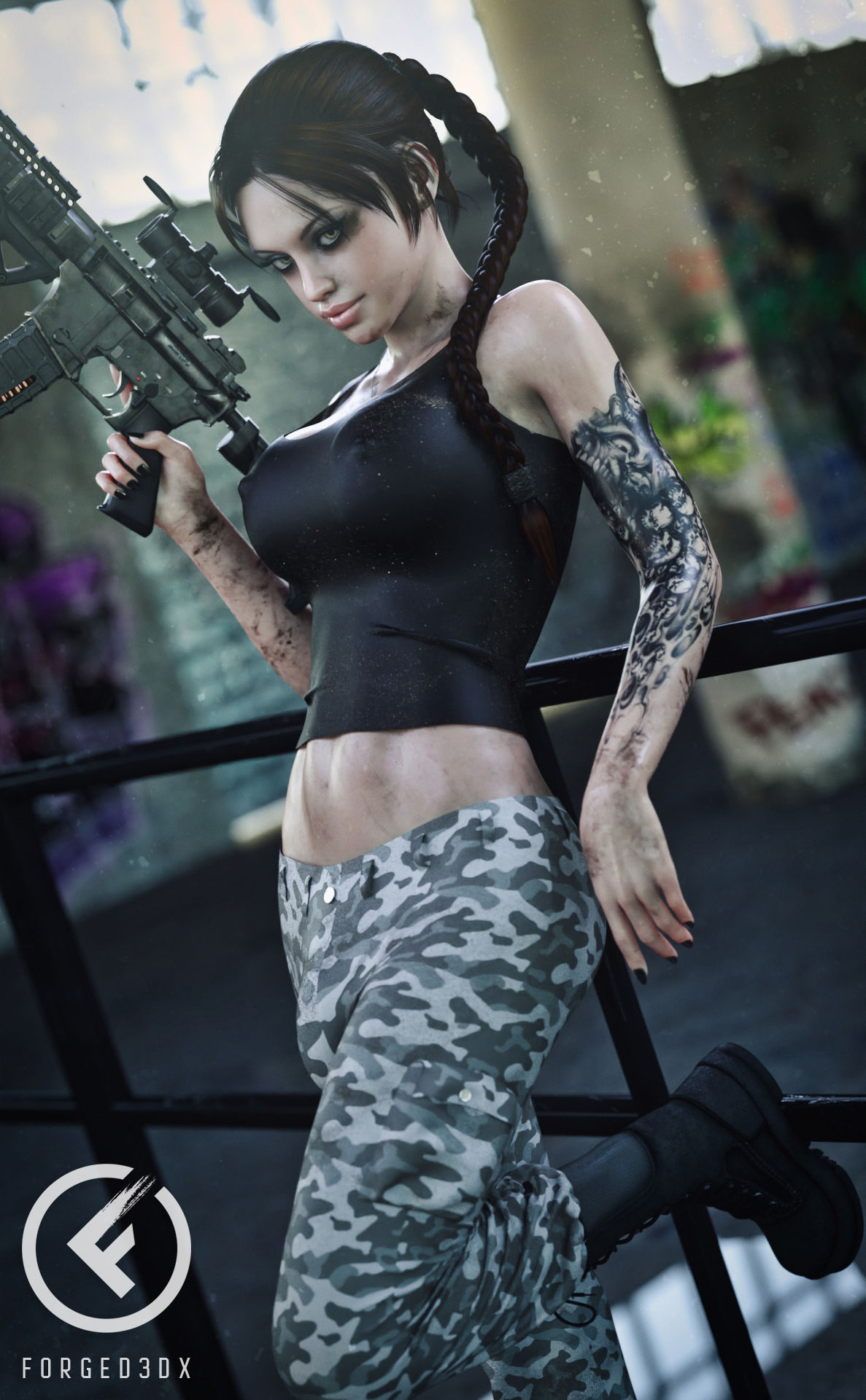 1futa, 3d, assault rifle, breasts, bulge, cameltail, curvy, erect nipples, flaccid, forged3dx, futa only, futa sans pussy, futanari, gun, intersex, large breasts, large penis, nipple bulge, nipples, penis, penis bulge, penis under clothes, realistic, solo, solo futa, weapon