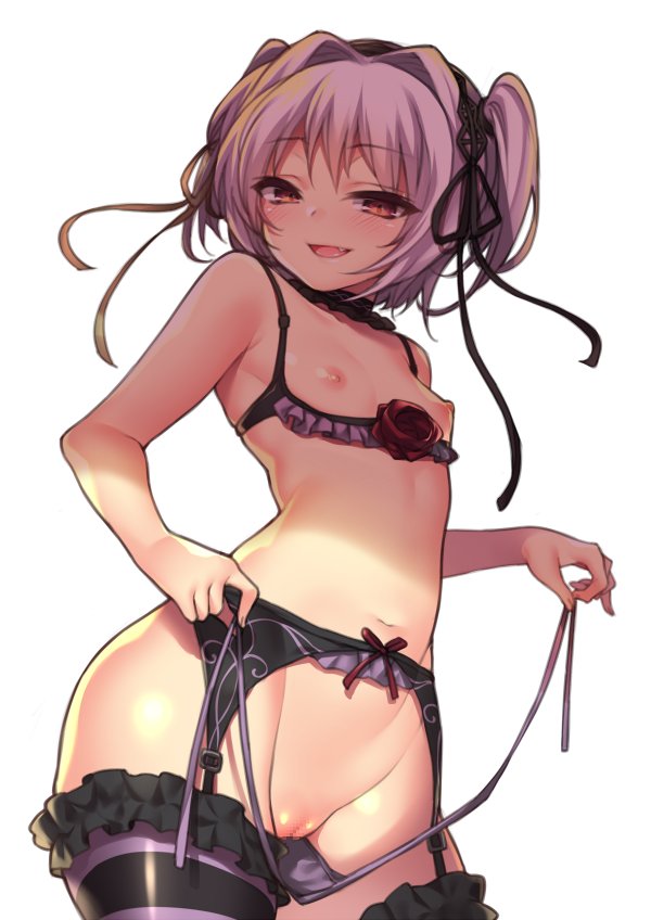 areolae blush breasts brown_eyes censored cute_fang female fuya_(tempupupu) hair_ornament hair_ribbon hapymaher lavender_hair lingerie looking_at_viewer naitou_maia nipples open_mouth panties pussy ribbon shiny shiny_skin short_hair simple_background small_breasts smile solo striped striped_legwear thighhighs tied_hair twintails underwear undressing white_background