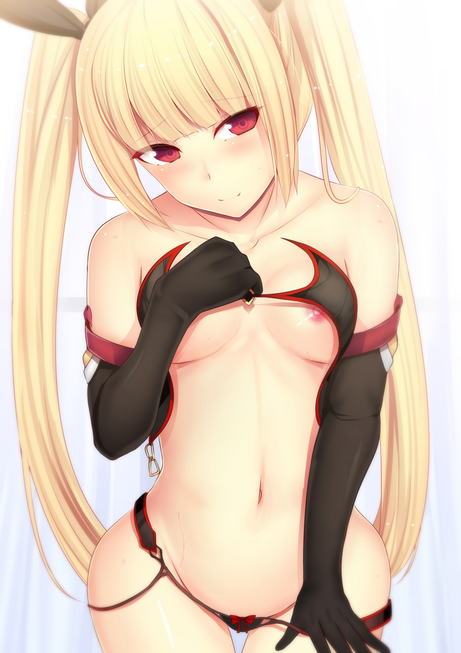 blazblue blonde_hair blush bra bra_lift breasts collarbone daiaru elbow_gloves female gloves hair_ribbon highres long_hair navel nipples panties panty_pull rachel_alucard red_eyes revealing_clothes ribbon solo stomach tied_hair twintails underwear wide_hips