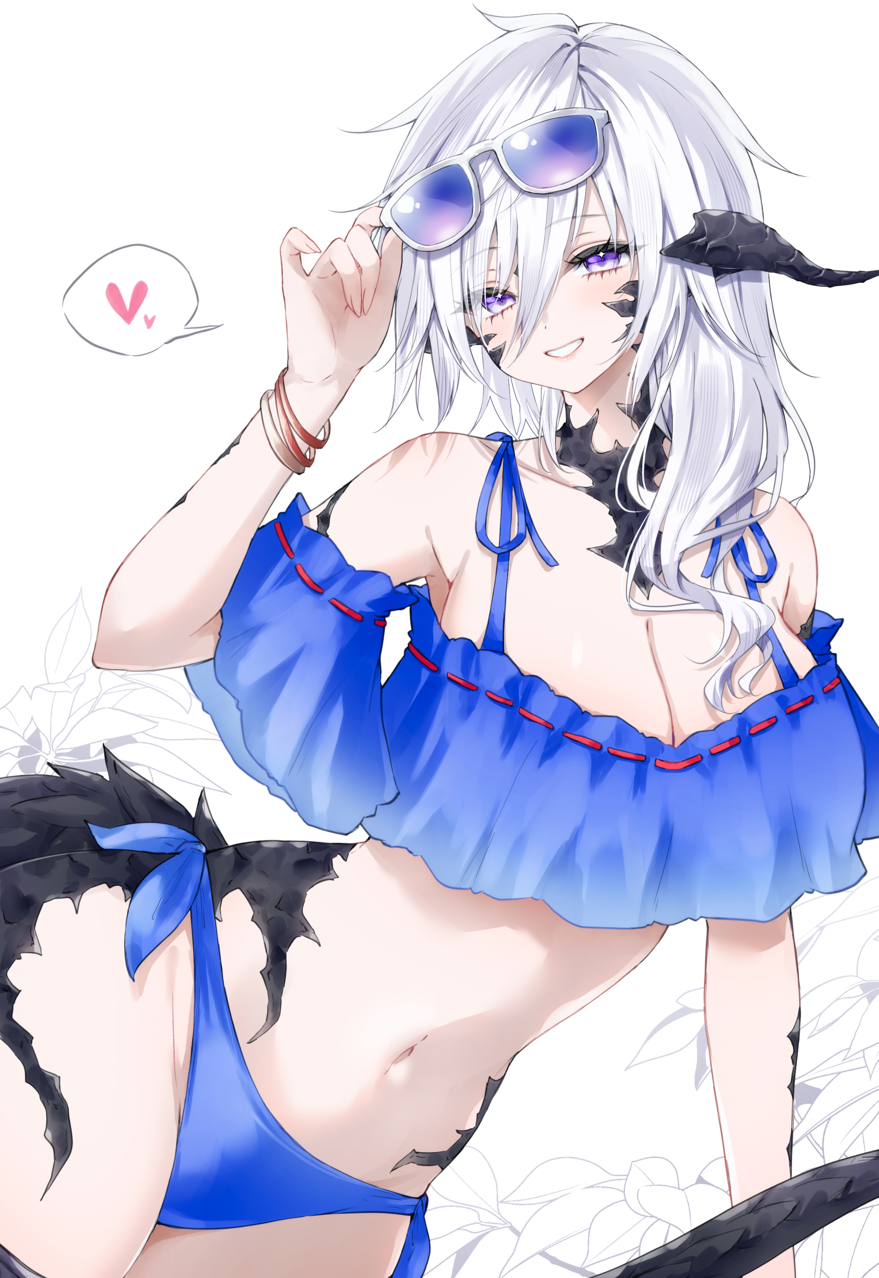 1girls, au ra, blue swimsuit, breasts, exposed breasts, final fantasy, final fantasy xiv, horns, long hair, scales, sunglasses, sunglasses on head, swimsuit, white hair, xaela