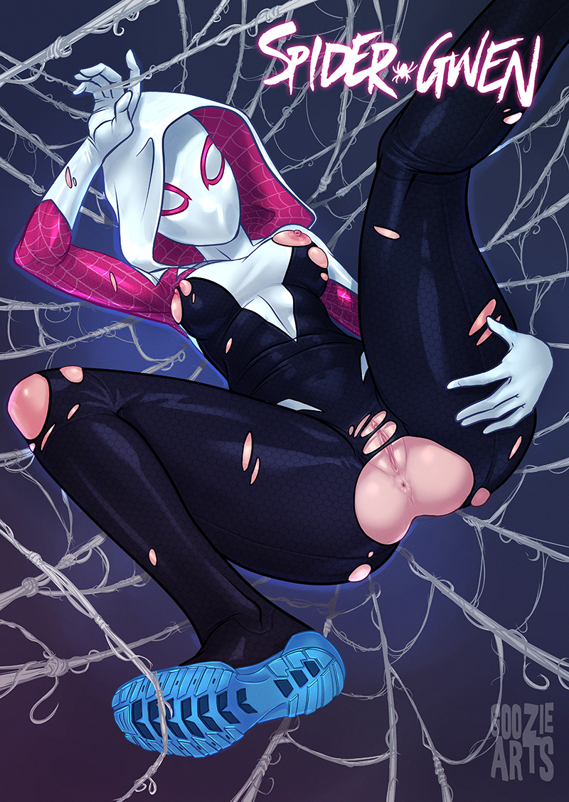 1girls anus ass blonde_hair blue_eyes bodysuit breasts character_name english english_text female female_only goozie gwen_stacy headphones large_breasts long_hair marvel mask nipples open_mouth pussy shoes solo spider-gwen spider-man_(series) spread_legs text tongue tongue_out torn_clothes