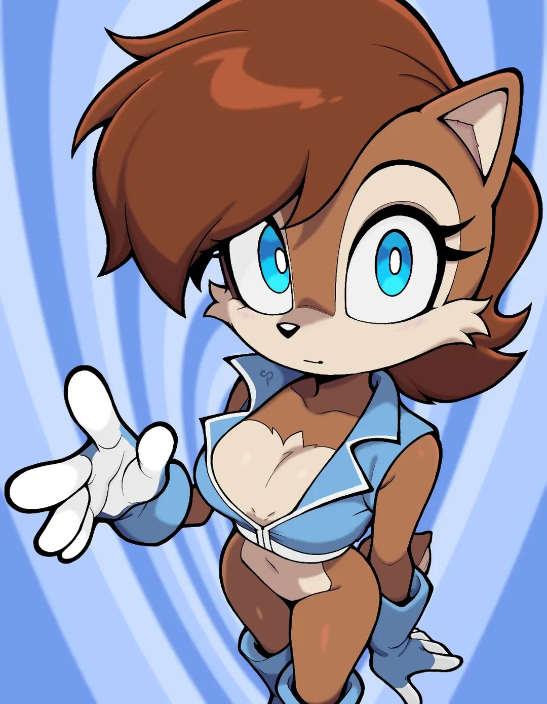 anthro, blue eyes, boots, brown fur, brown hair, cleavage, criticalpixels, crop top, cropped jacket, furry, gloves, sally acorn, sega, sonic (series), sonic the hedgehog (series), squirrel