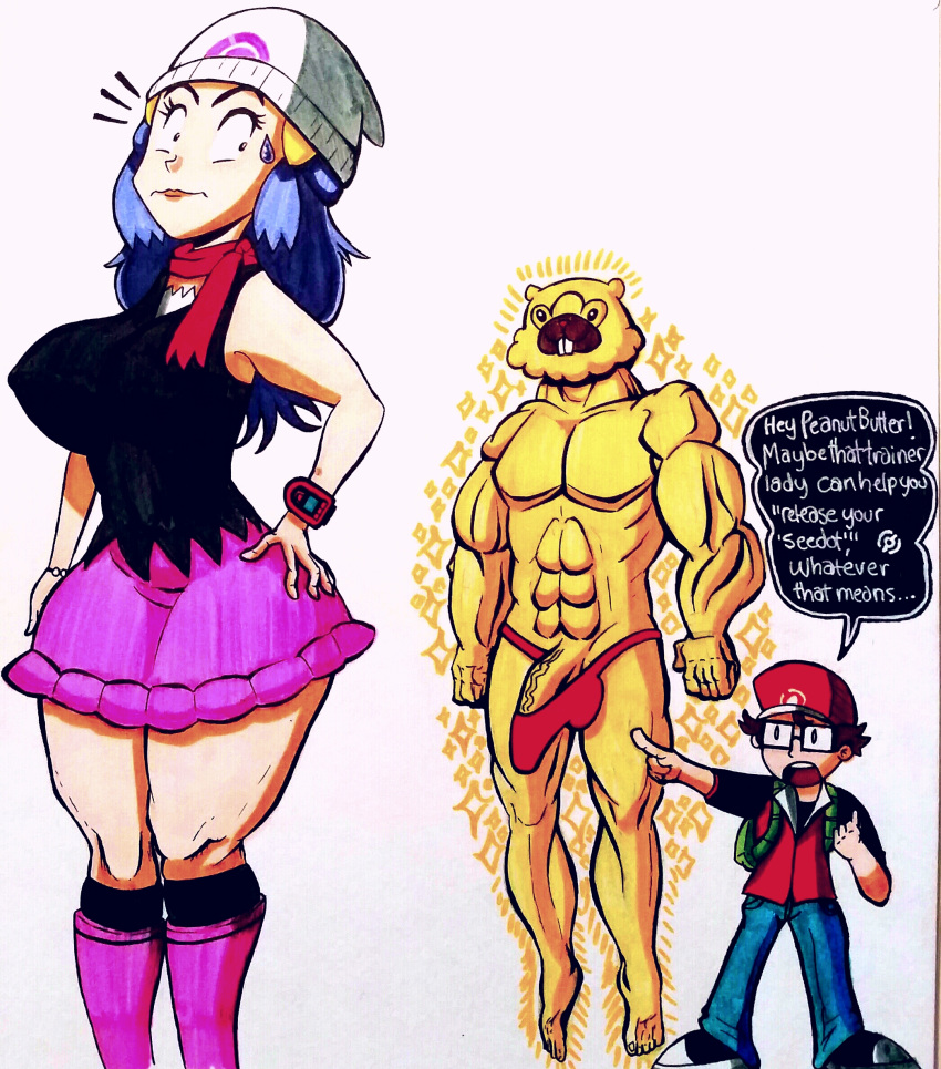 1girls 2boys abs alternate_color bidoof big_ass big_breasts boner boots breasts clothed dawn_(pokemon) erect_penis erection furry hand_on_hip human imminent_sex interspecies looking_back muscular nervous nintendo pokemon pokemon_dppt rusty text topless underwear veins veiny_penis