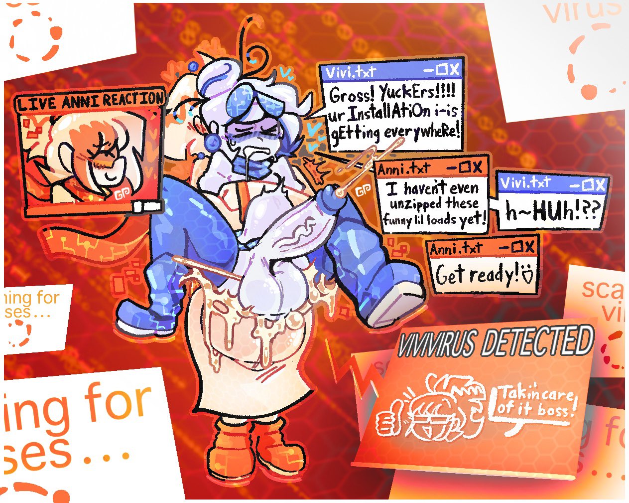 anni antivirus, banter, bigger female, boots, computer, cum, cumshot, dick, fucked from behind, generalplorp, glasses, grabbing from behind, scarf, stomach bulge, text, virus, vivi virus