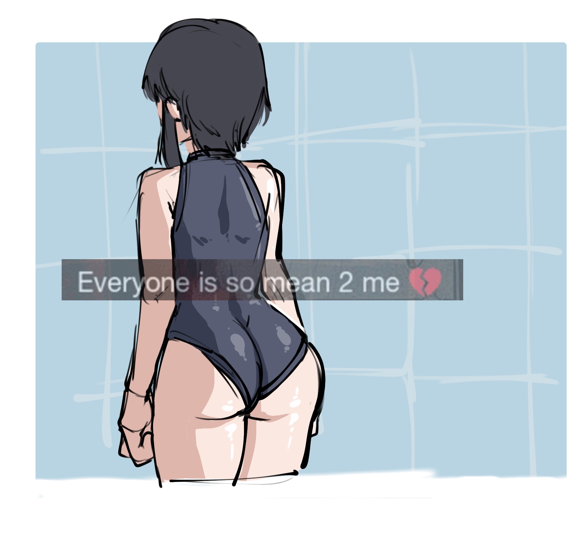 1girls, alternate costume, alternate version available, ameh li, ass, ass focus, azumanga daiou, back view, bare shoulders, big ass, big butt, black hair, curvaceous, curvy, curvy female, curvy figure, emoji, english text, everyone is so mean 2 me, facing away, female, female focus, female only, from behind, glistening, glistening body, glistening butt, glistening skin, hi res, high resolution, highres, light skin, light-skinned female, long hair, mature female, meme, meme reference, nyamo minamo kurosawa, official alternate costume, one-piece swimsuit, rear view, reference, shiny, shiny ass, shiny butt, shiny clothes, shiny skin, short hair with long locks, simple background, solo, solo female, solo focus, swimsuit, swimwear, tagme, text, thick thighs, thighs, voluptuous, voluptuous female, wet, wet ass, wet body, wet clothes, wet skin