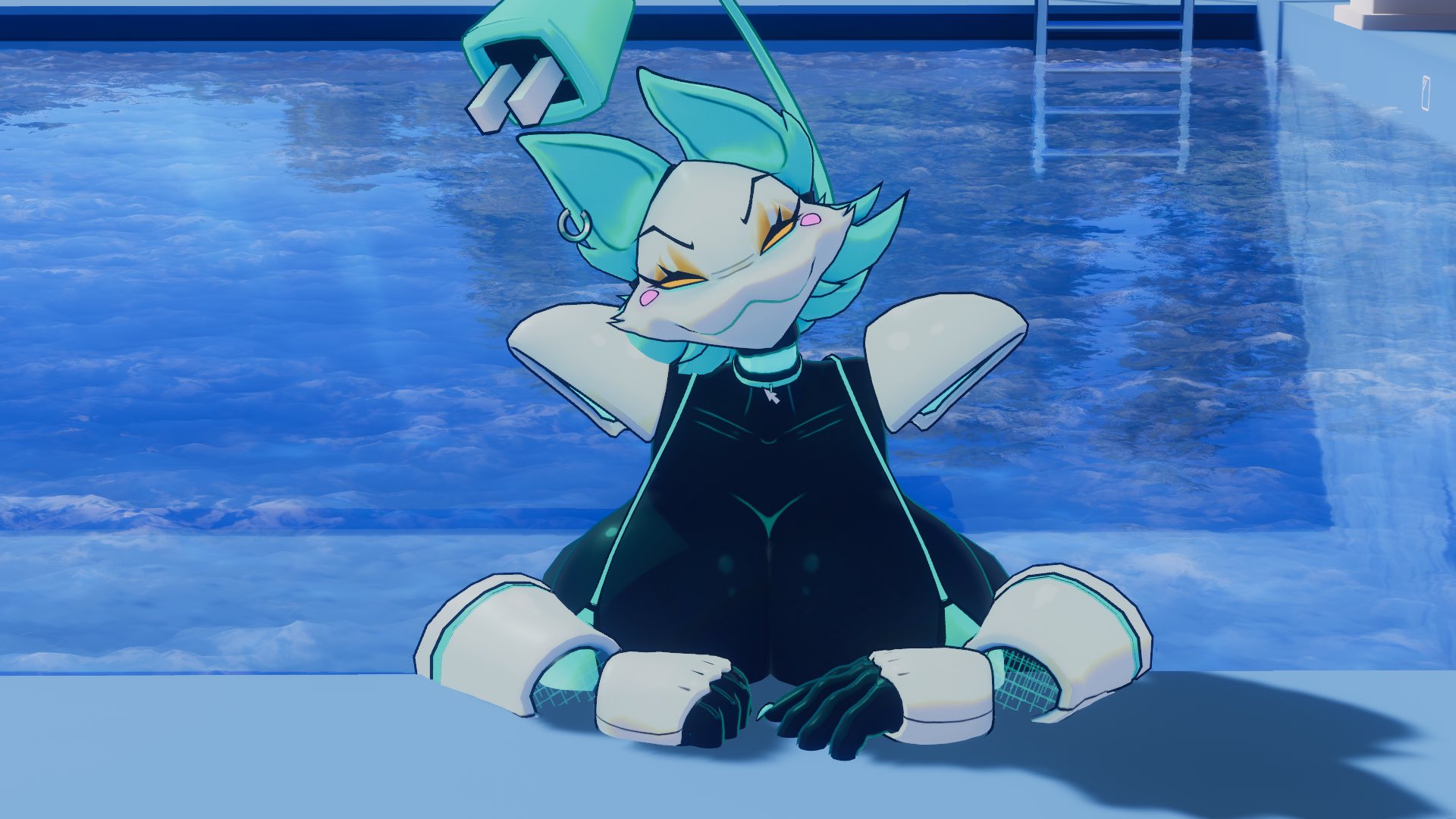 2025, 3d, a1animatronic, anthro, big breasts, bikini, blue hair, breast focus, breasts bigger than head, cat ears, cryptiacurves, deltarune, deltarune chapter 2, ear piercing, ear ring, female, female focus, female only, grin, huge breasts, massive breasts, piercing, plug tail, pool, poolside, robot, robot girl, smile, smug, solo female, string bikini, tasque manager (cryptiacurves), tasque manager (deltarune), vrchat, vrchat avatar, vrchat model, yellow eyes