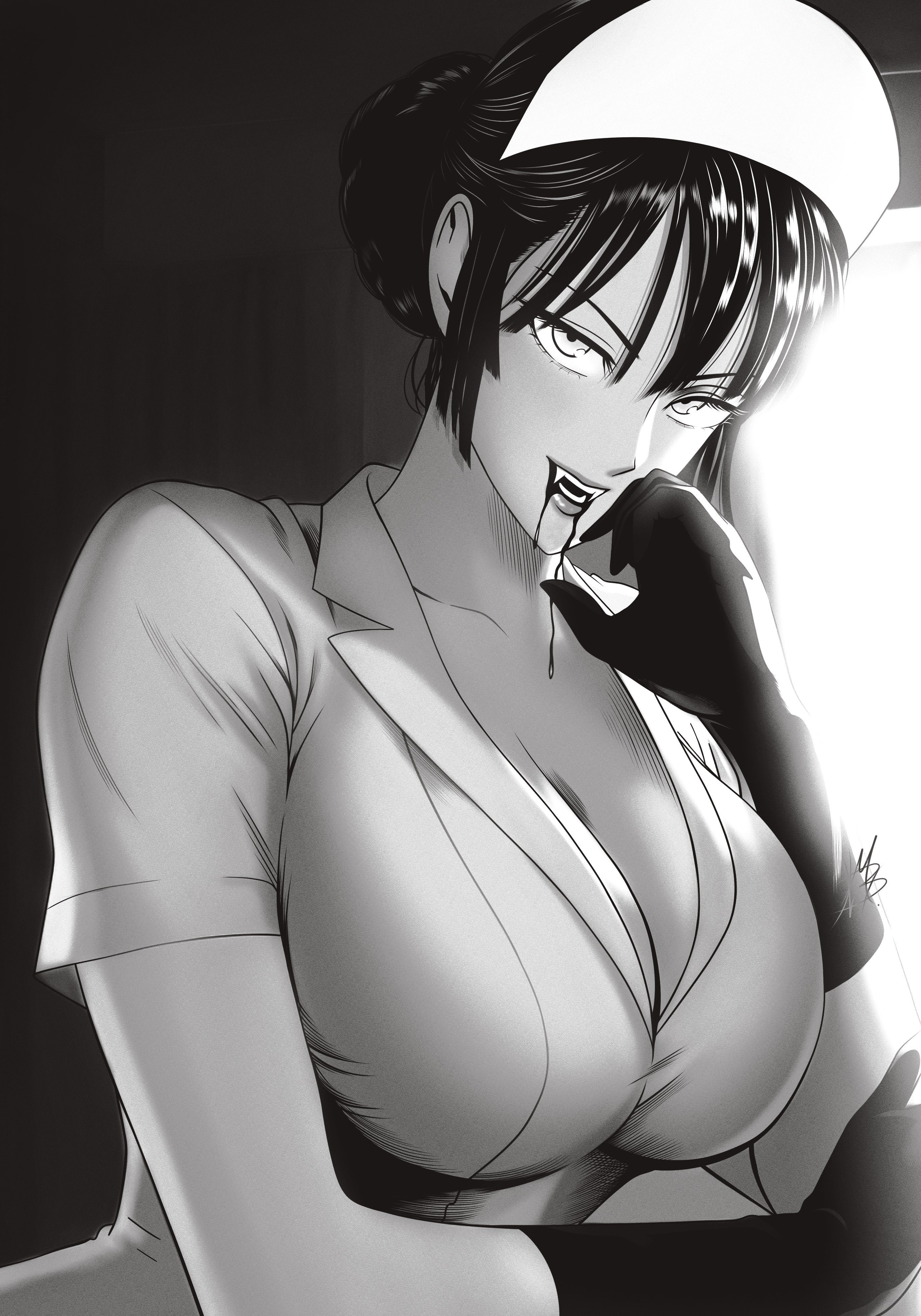 1girls, big breasts, blood, blood drip, blood in mouth, blood on face, breasts, cleavage, clothed, clothing, fangs, female, female only, fubuki (one-punch man), gloves, hair bun, halloween, halloween costume, huge breasts, large breasts, looking at viewer, monochrome, mostlybluewyatt, nurse, nurse cap, nurse uniform, one-punch man, open mouth, solo, solo female, tight clothing, vampire, vampire girl, voluptuous, voluptuous female