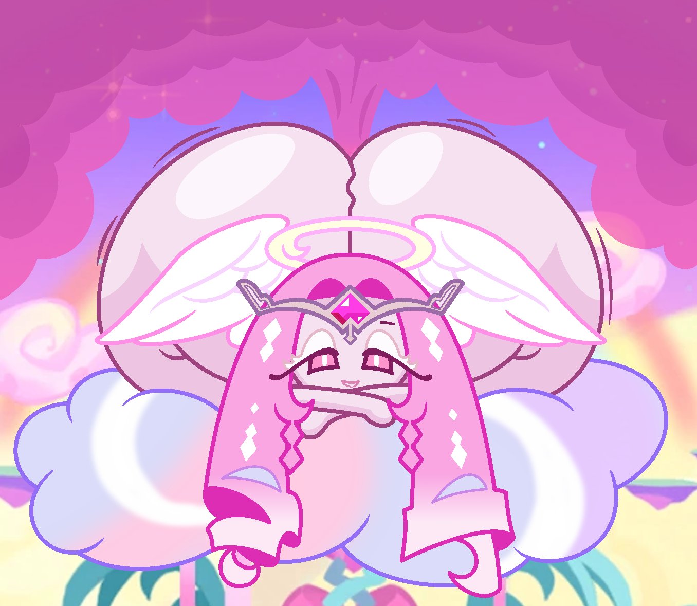 1girls, angel, angel wings, ass, ass focus, ass up, big ass, cloud, cookie run, cookie run kingdom, czartheczar, eternal sugar cookie, fart, fart fetish, farting, female, female only, huge ass, looking at viewer, pink body, pink eyes, pink hair, solo female, unusual fart