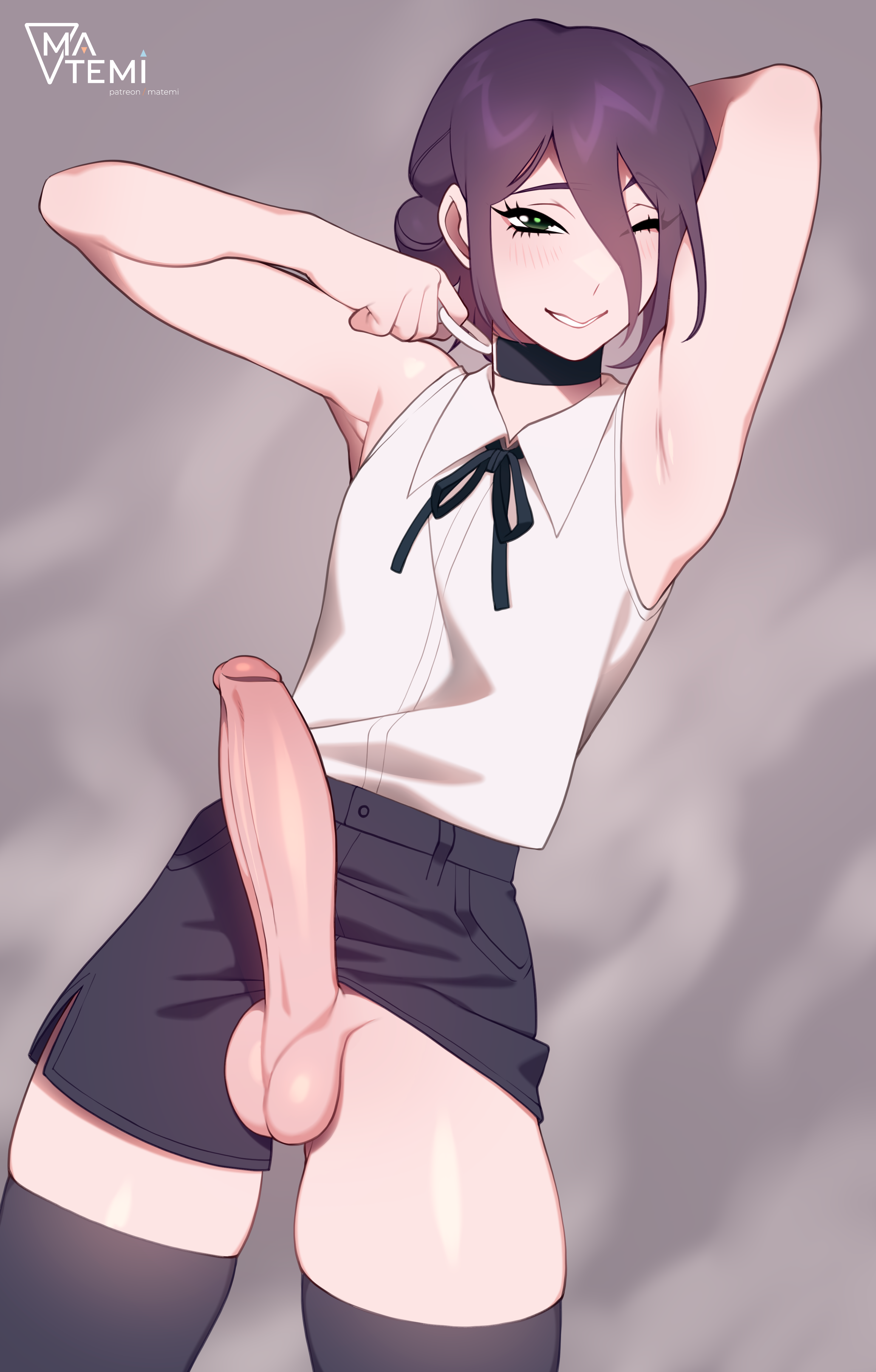 1boy, adorable, armpits, big penis, chainsaw man, cute, femboy, genderswap, genderswap (ftm), hung femboy, hung trap, matemi, penis, penis out, purple hair, reze (chainsaw man), rule 63, short hair, twink