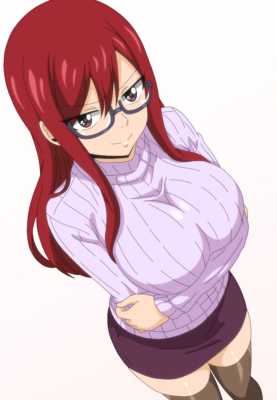 1girls, arms crossed, arms crossed under breasts, arms under breasts, big breasts, breasts, erza scarlet, fairy tail, glasses, glistening, large breasts, long hair, long sleeves, looking at viewer, purple skirt, red hair, red-haired female, sidelocks, smile, sweater, teasing, thick thighs, thighhighs, thighs, top down view, trenganfinn29, turtleneck, turtleneck sweater, white background