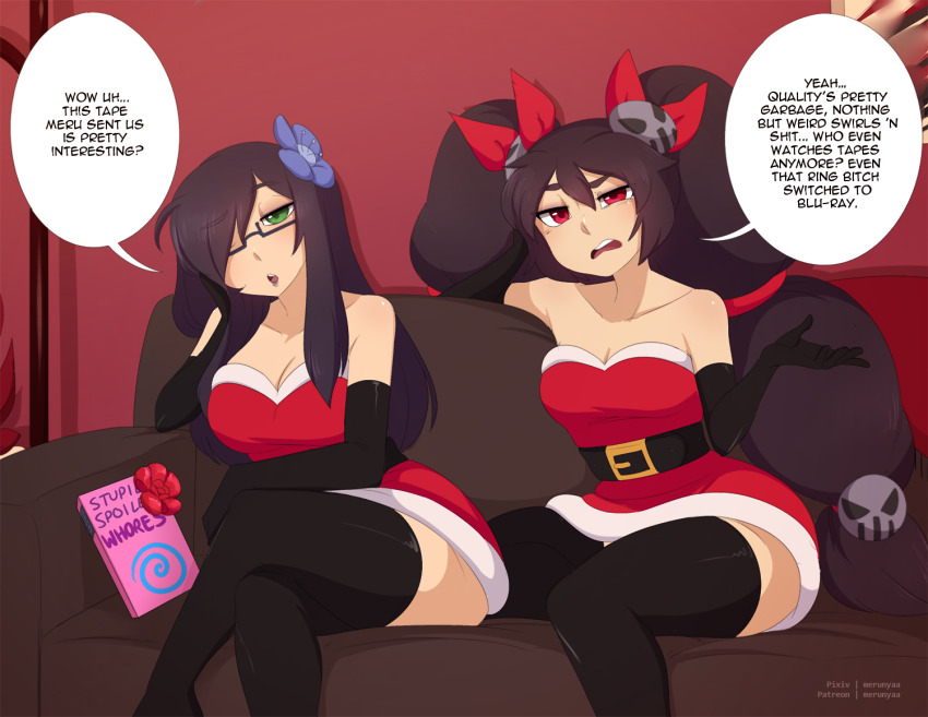 2girls, black hair, breasts, dialogue, english text, glasses, green eyes, lenea (elridalm), long hair, merunyaa, patreon username, red eyes, text, twintails, watching tv