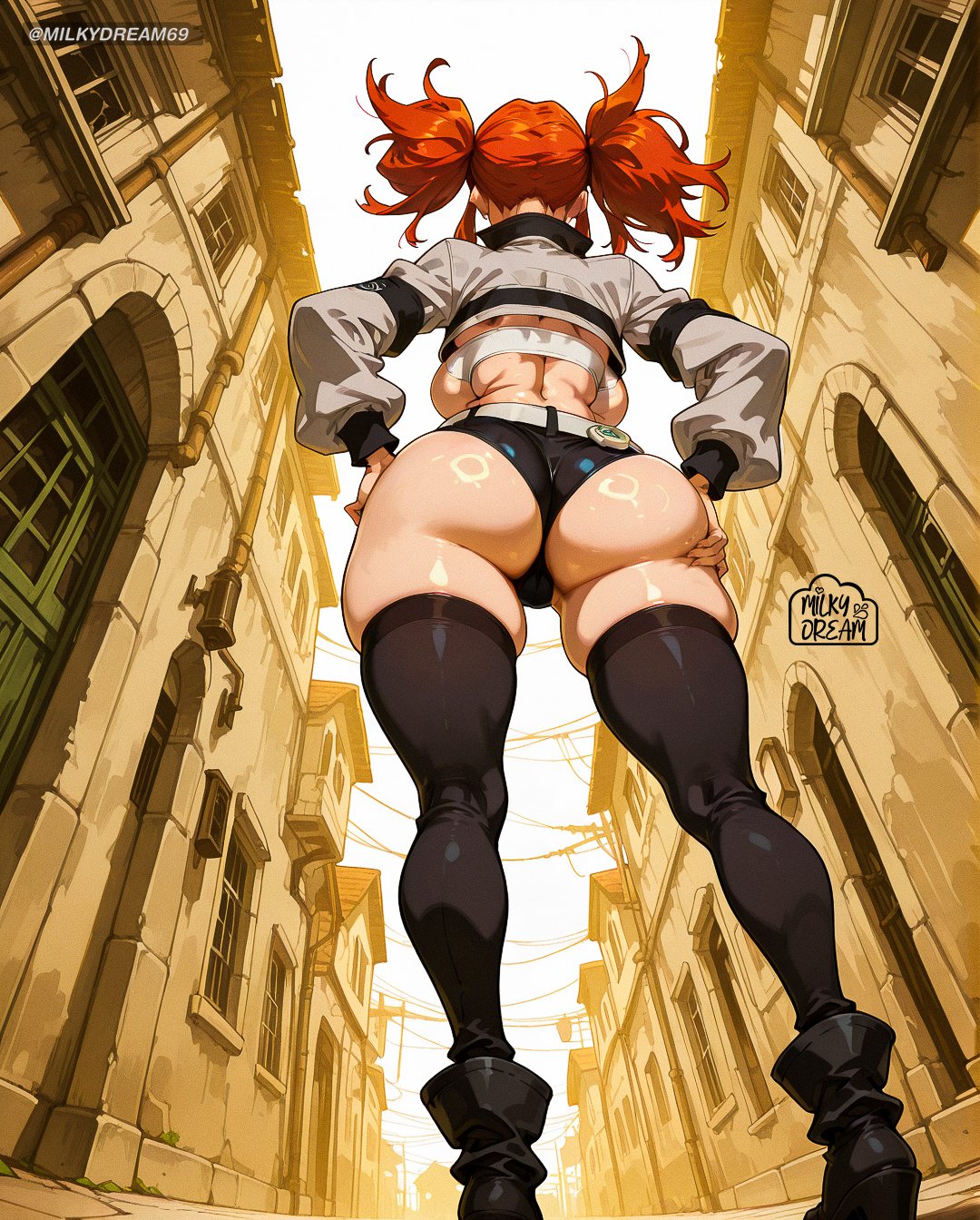 1girls, ai generated, alley, big ass, clothed, clothing, gachiakuta, hand on ass, hand on hip, milkydream69, riyou reaper, solo, solo female, standing, thick thighs, underboob, underbutt, viewed from behind, viewed from below