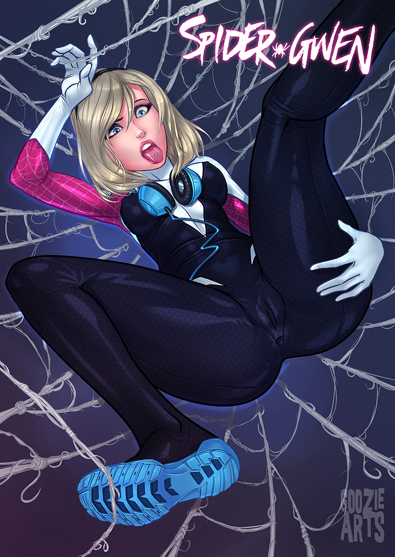 1girls anus ass blonde_hair blue_eyes bodysuit breasts character_name english english_text female female_only goozie gwen_stacy hairband headphones large_breasts long_hair marvel mask nipples open_mouth pussy shoes solo spider-gwen spider-man_(series) spread_legs text tongue tongue_out torn_clothes