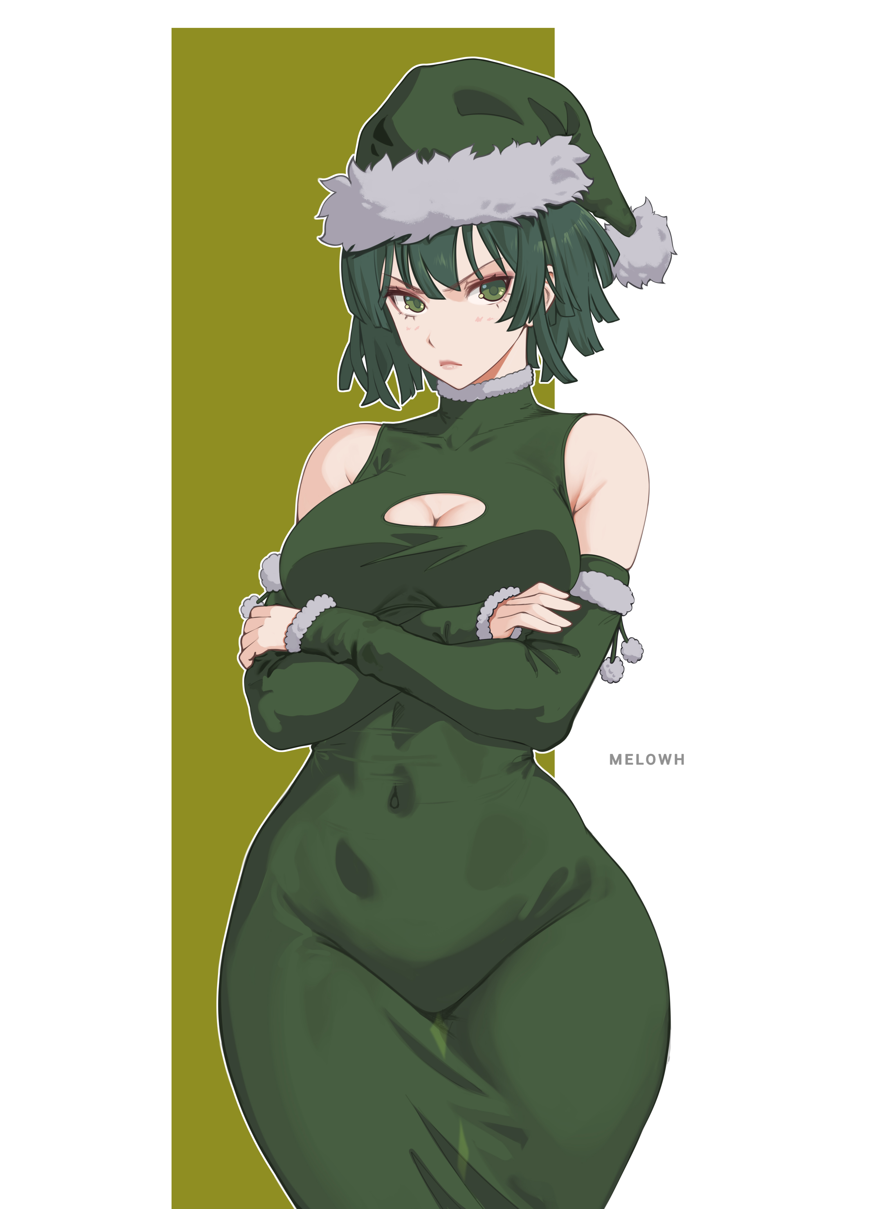 1girls, 2025, 2d, 2d (artwork), arms crossed, artist name, big breasts, christmas, christmas hat, christmas outfit, cleavage, cleavage cutout, clothed, clothed female, detached sleeves, dress, female, female only, fubuki (one-punch man), fully clothed, green background, green eyes, green hair, hourglass figure, huge breasts, looking at viewer, melowh, multicolored background, navel, navel visible through clothes, one-punch man, sfw, solo, solo female, standing, thight clothing, upset, white background
