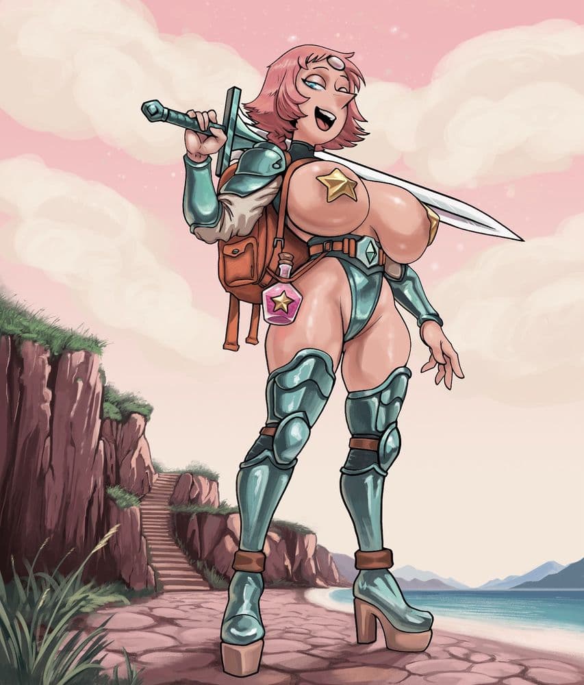 backpack, big breasts, cartoon network, ceraralaz, female, impractical armor, impractical outfit, knight, knight armor, pasties, pearl (steven universe), platform heels, steven universe, sword, weapon