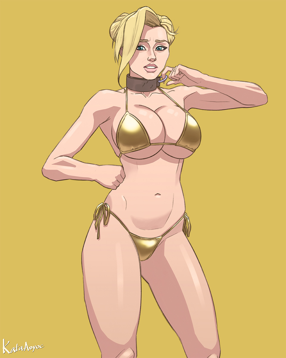 1girls, aqua eyes, bikini, blonde hair, cleavage, collar, female, female only, gold bikini, huge breasts, kataaoyoc, metal collar, original, original character, revealing clothes, slave, slave collar, slave girl, voluptuous