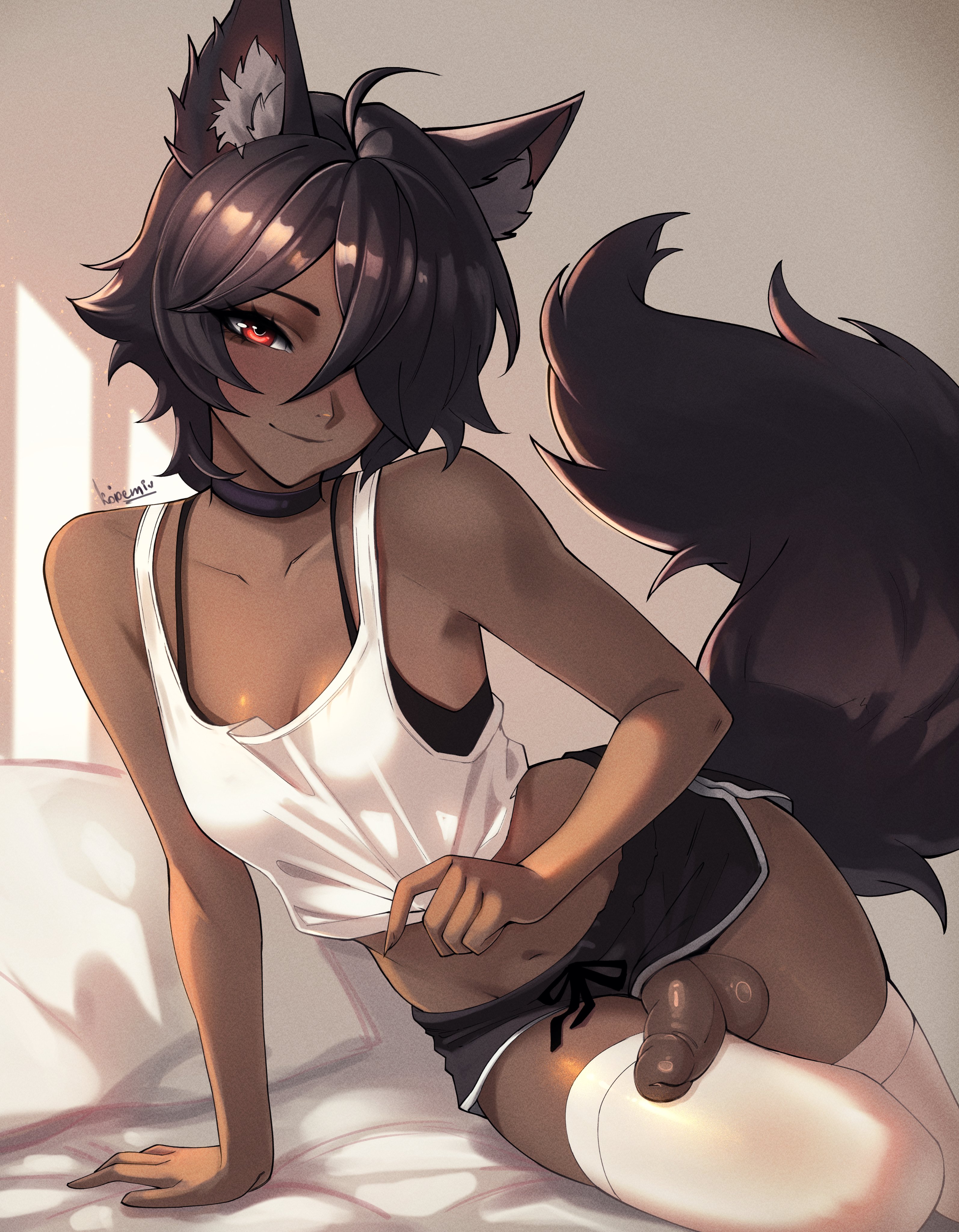 1futa, big penis, clothed, clothing, dark skin, dark-skinned futa, futanari, kemonomimi, koiaemi, red eyes, solo, tail, tomboy