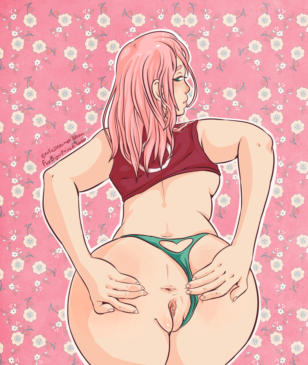 anus ass dat_ass exoticdreamer female female_only looking_at_viewer looking_back naruto naruto_shippuden panties panties_aside pussy sakura_haruno solo