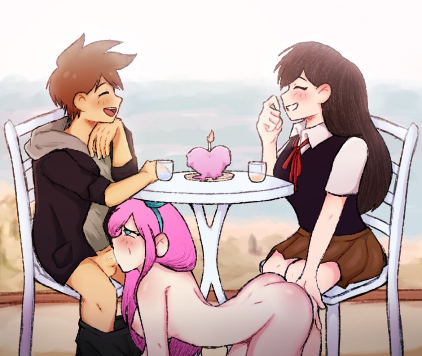 1boy, 2girls, arched back, aubrey (omori), black hair, blush, breasts, brown hair, candle, completely nude, cum, date, detailed, doggy style, ear, female on female, hair tie, hero (omori), jacket, laughing, mari (omori), nude, nude female, omori, pink hair, pleasure face, simple background, skirt, slap, slap mark, slapping butt, smile, smiling, sucking, table, tie, under the table, vein, veins on dick, veiny penis