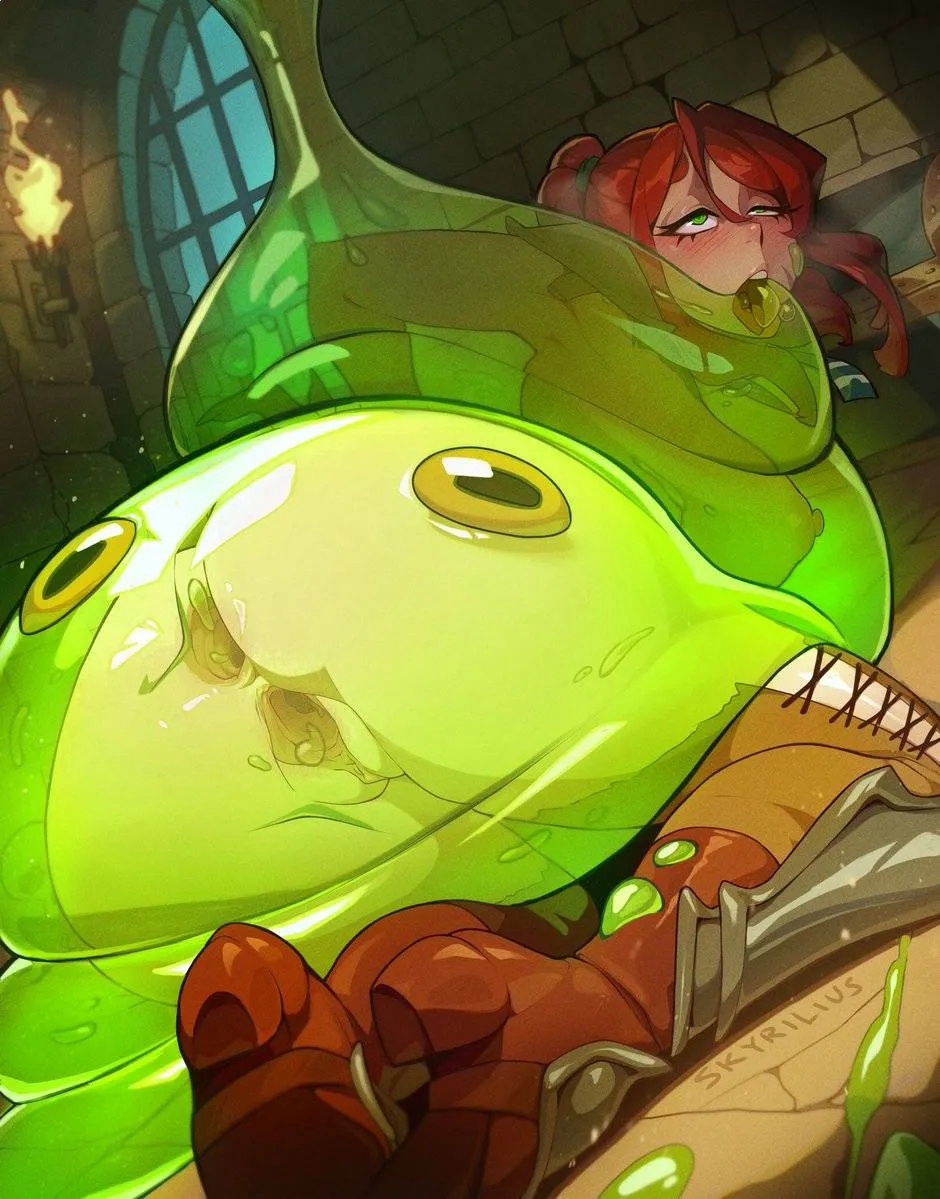 armor, armored female, chilllum, eaten then fucked, female prey, green eyes, inside creature, interspecies, monster, monster on female, red hair, skyrilius, slime, slime monster, transparent body, vaginal penetration, vaginal sex, vore