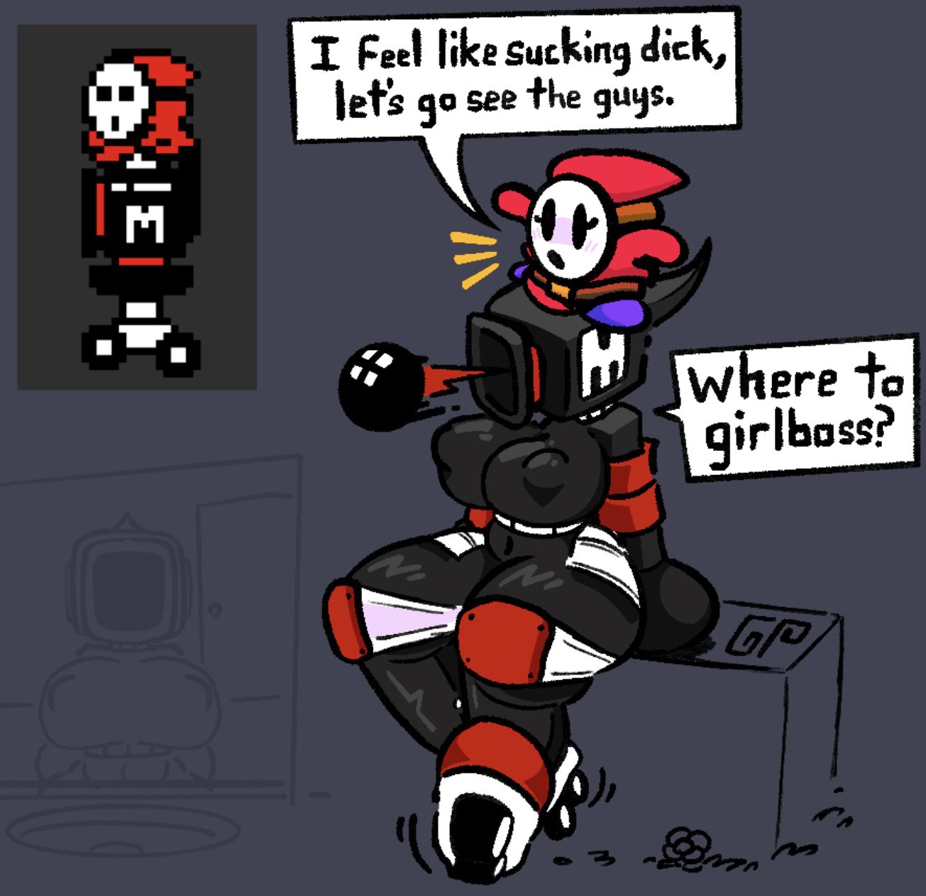 autobomb, cannon ball, door, generalplorp, gijinka, knee pads, mario (series), mirror, nintendo, nipples, robot, robot girl, roller skates, shy gal, shy guy, sink, super mario bros. 2, text