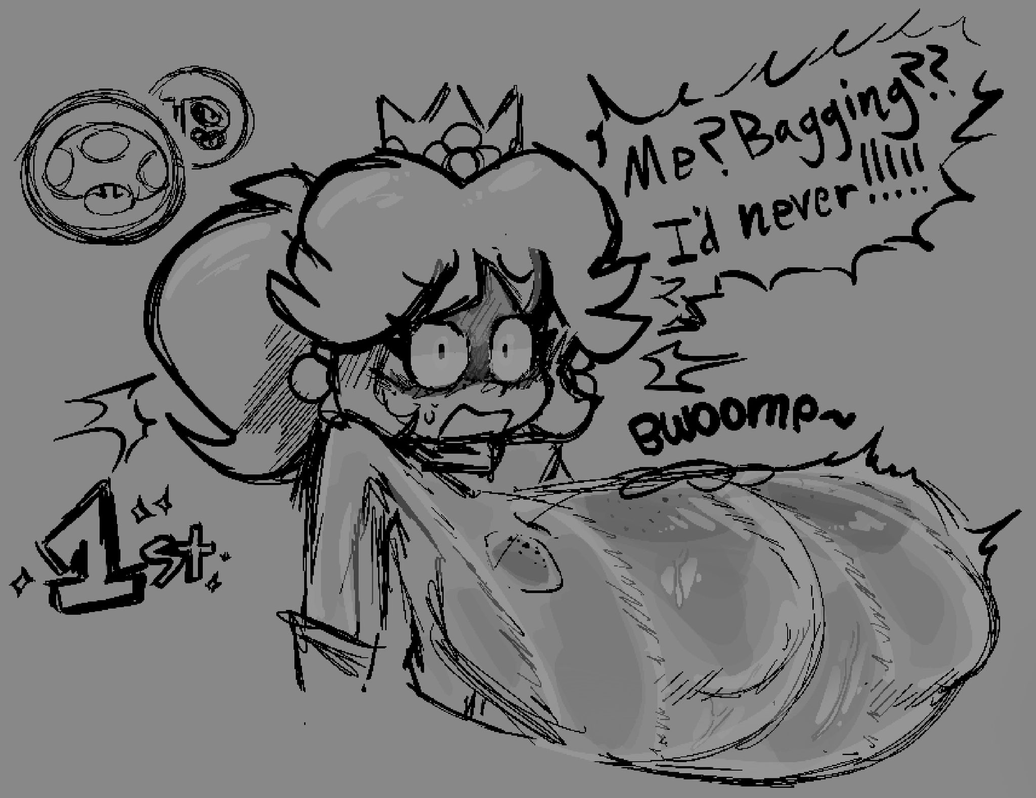 big breasts, blush, breast expansion, breasts, freckles, generalplorp, mario (series), mario kart, mario kart world, mega mushroom, monochrome, nintendo, nipple bulge, princess daisy, princess daisy (aero), ripped clothing, sketch, text