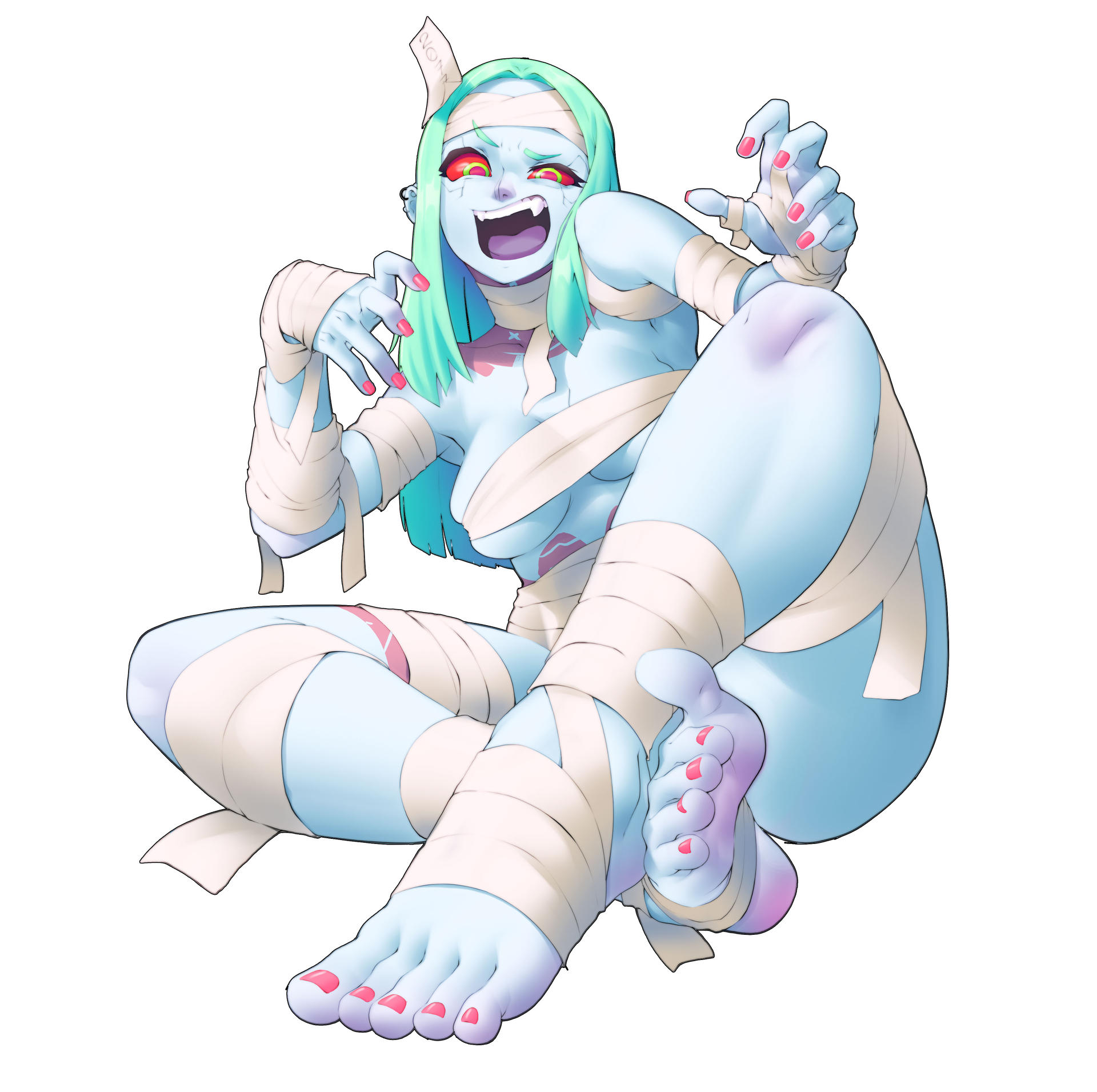bare shoulders, barefoot, blue body, breasts, covered nipples, croissama, cyberpunk: edgerunners, fangs, female, female only, green eyes, green hair, halloween, long hair, mummy, rebecca (edgerunners), red sclera, revealing clothes, sitting, tagme