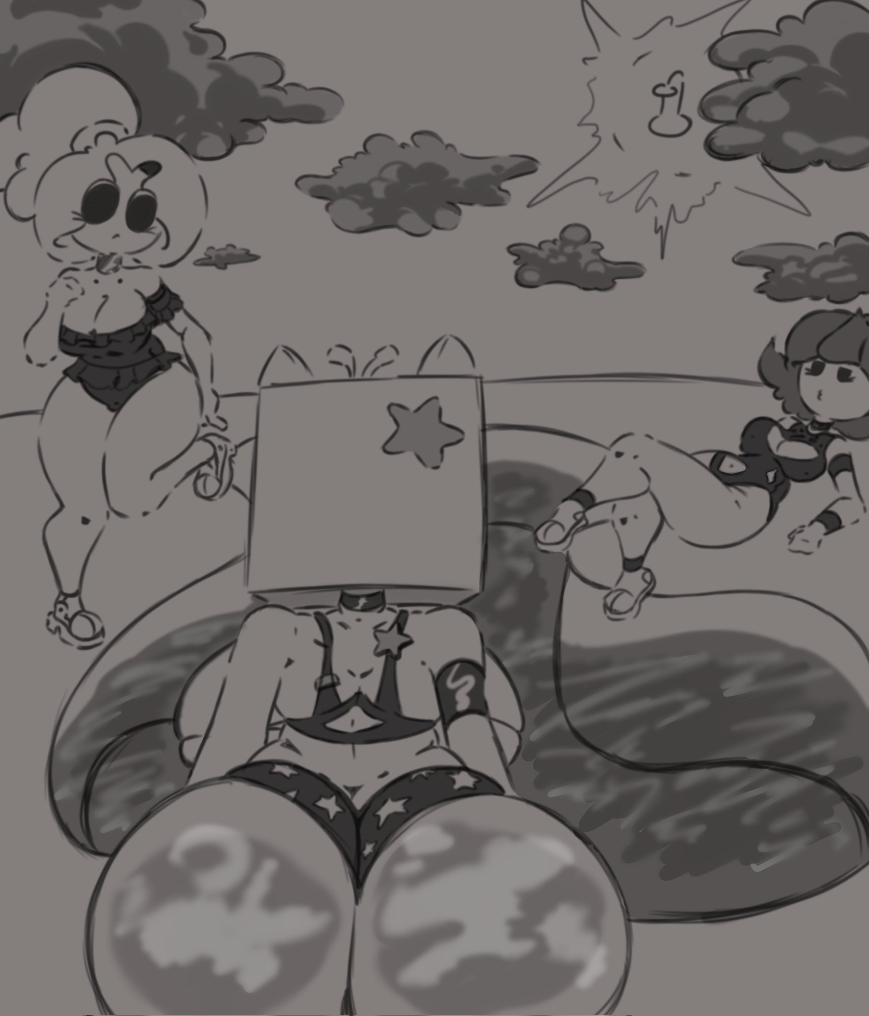 3girls, antennae (anatomy), black hair, box, box on head, cat ears, choker, collar, fat ass, greyscale, huge boobs, huge breasts, jaiden, jaiden animations, meme reference, nimu, nimu (irl), pool, rokoryt art, sofia magali santillan (nimu), star ornament, swimsuit, tied hair, white body, white hair, white skin, xiaro, youtube, youtube hispanic, youtuber