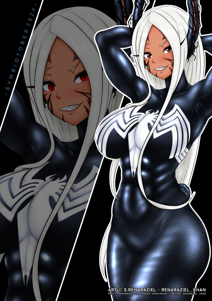 abs, alien, alternate costume, androgynous dom, arms above head, big breasts, breasts, brown eyes, bunny, bunny ears, bunny girl, corruption, crossover, eastern and western character, english text, evil smile, eye color change, femsub, happy trance, large breasts, living costume, long hair, marvel, marvel comics, mirko, muscular, muscular male, my hero academia, parasite, possession, rabbit, rabbit ears, rabbit girl, red eyes, renaraziel, rumi usagiyama, slime, smile, spider-man (series), symbiote, tentacle, text, thick thighs, venom (marvel), white hair