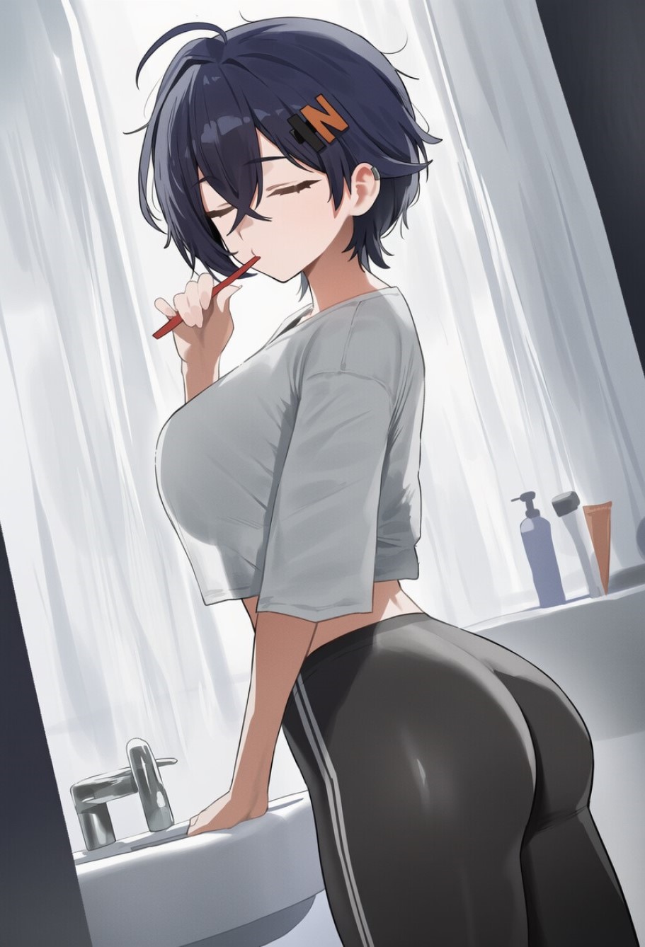 ai generated, ass, bathroom, belle (zenless zone zero), big ass, big breasts, blue hair, breasts, brushing teeth, closed eyes, crop top, hoyoverse, messy hair, mihoyo, pants, short hair, sink, tight clothing, toothbrush, white shirt, yoga pants, zenless zone zero