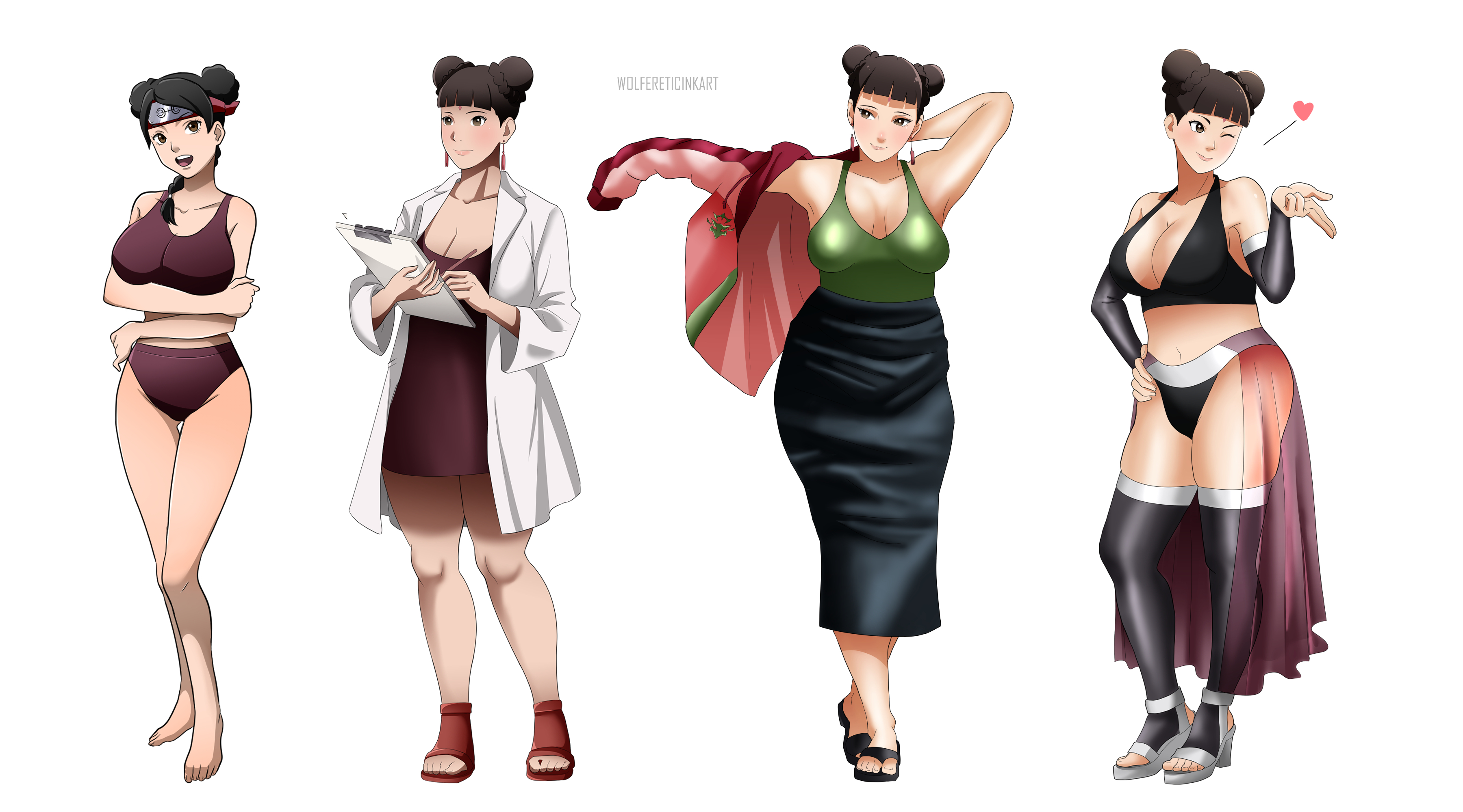 1girls, age progression, almost naked, alternate costume, artist signature, bandages, barely clothed, blunt bangs, boruto: naruto next generations, bottomless, bra, breasts, curvaceous, curvy, curvy female, curvy figure, double bun, dress, earrings, eyelashes, female, forehead protector, hair bun, half-dressed, highleg, highleg panties, hourglass figure, konohagakure symbol, labcoat, legs together, light skin, light-skinned female, looking at viewer, mature, mature female, milf, mostly nude, naruto, naruto (series), naruto: the last, no bra, panties, partially clothed, pinup, plain background, posing, shiny hair, shiny skin, shirt, simple background, skimpy, skimpy clothes, sleeveless, sleeveless shirt, slim waist, small clothes, smile, sports bra, stockings, tenten, vest, watermark, white background, wide hips, wolferetic