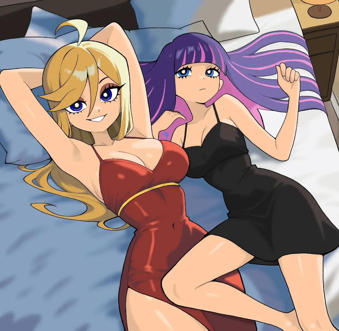 2girls, black dress, blonde hair, blue eyes, cleavage, criticalpixels, female only, light-skinned female, on bed, panty & stocking with garterbelt, panty anarchy, pink hair, purple hair, red dress, stocking anarchy