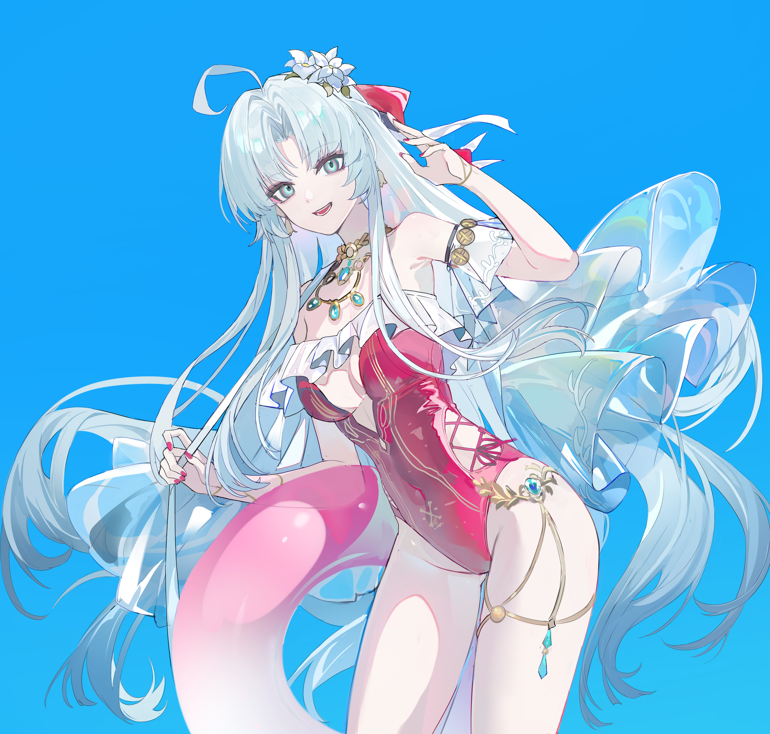 1girls, ass, ass focus, carlotta (splashing summer) (wuthering waves), carlotta (wuthering waves), green eyes, legs, long hair, official alternate costume, one piece swimsuit, red swimsuit, white hair, wuthering waves