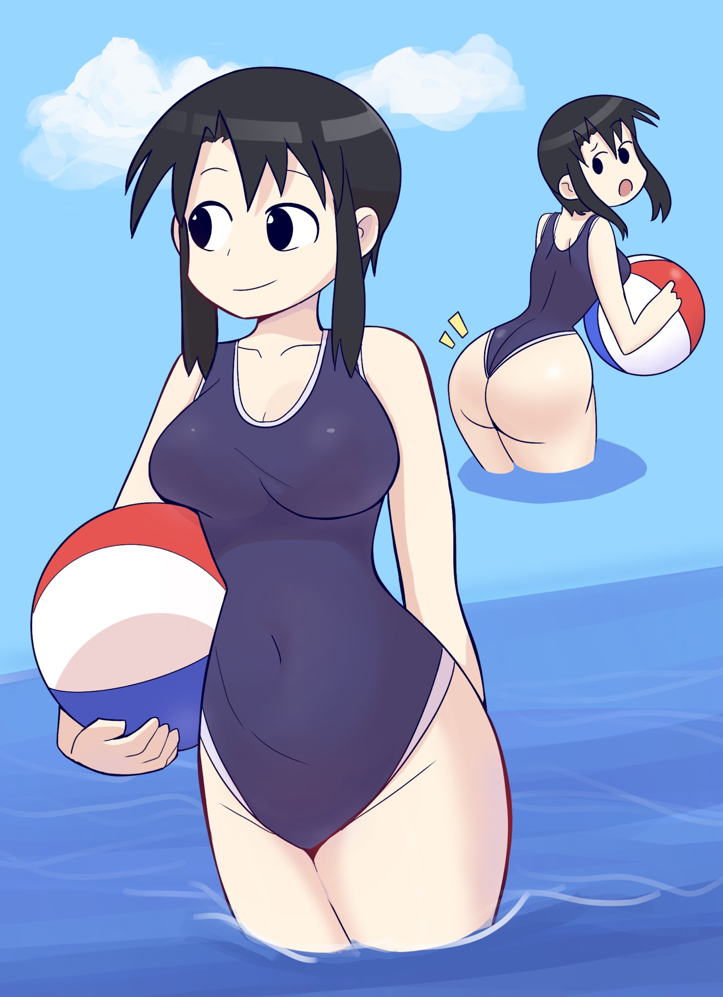1girls, alternate costume, ass, azumanga daiou, ball, bare shoulders, beach ball, beachball, big ass, big breasts, big butt, black eyes, black hair, breasts, bubble ass, bubble butt, busty, cleavage, closed mouth, cloud, clouds, commentary, covered navel, curvaceous, curvy, curvy female, curvy figure, day, daytime, fat ass, female, female focus, female only, from behind, gooberman, hi res, high resolution, highres, holding, holding ball, holding beachball, huge ass, huge butt, kurosawa minamo, large ass, large breasts, light skin, light-skinned female, long hair, looking at viewer, mature female, medium breasts, multiple angles, multiple views, navel, nyamo minamo kurosawa, official alternate costume, one-piece swimsuit, open mouth, outdoors, outside, peanutman, short hair, short hair with long locks, sidelocks, simple background, smile, smiling, solo, solo female, solo focus, stomach, swimsuit, swimwear, tagme, thick thighs, thighs, voluptuous, voluptuous female, wading, water