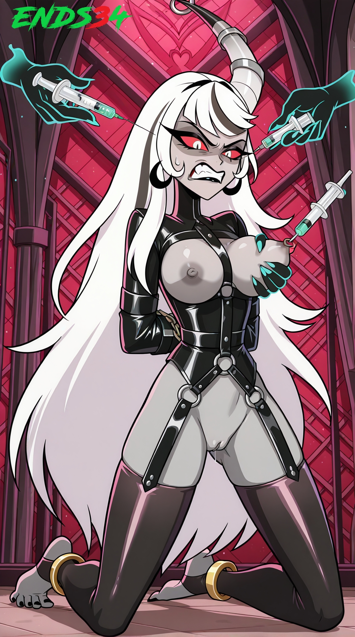 2025, ai generated, angry, barefoot, big breasts, bondage, carmilla carmine, defeated, ends34, female, female focus, grey body, hazbin hotel, injection, long hair, milf, mother, red eyes, white hair