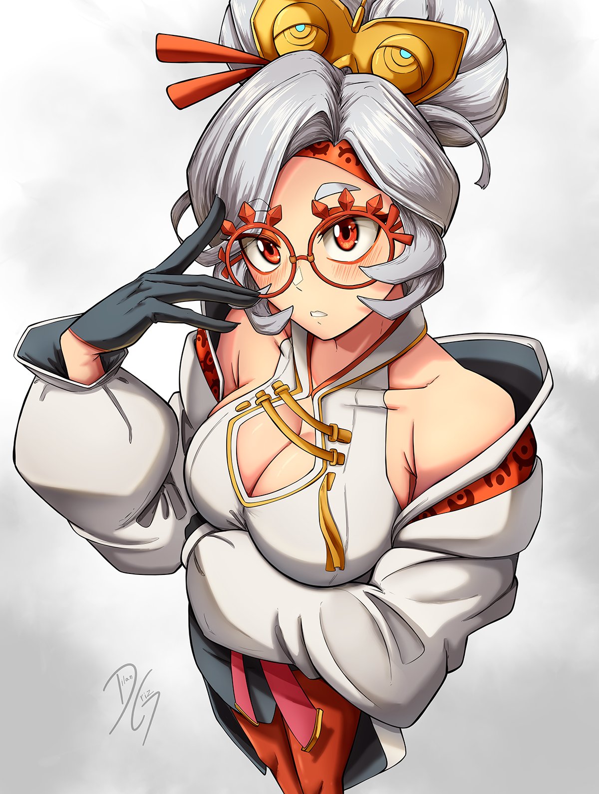 arm under breasts, bare shoulders, big breasts, black gloves, blush, blush lines, blushing, breasts, cleavage, commentary, dilan griz, english commentary, eye symbol, eyeshadow, eyewear on head, female, from above, glasses, gloves, grey hair, hair ornament, hair stick, hair up, highres, jacket, large breasts, looking at viewer, makeup, nintendo, pantyhose, purah, purah (tears of the kingdom), red eyes, red eyeshadow, red eyewear, red glasses, red pantyhose, red-framed eyewear, round eyewear, sheikah, shirt, solo, tears of the kingdom, the legend of zelda, the legend of zelda: tears of the kingdom, white jacket, white shirt