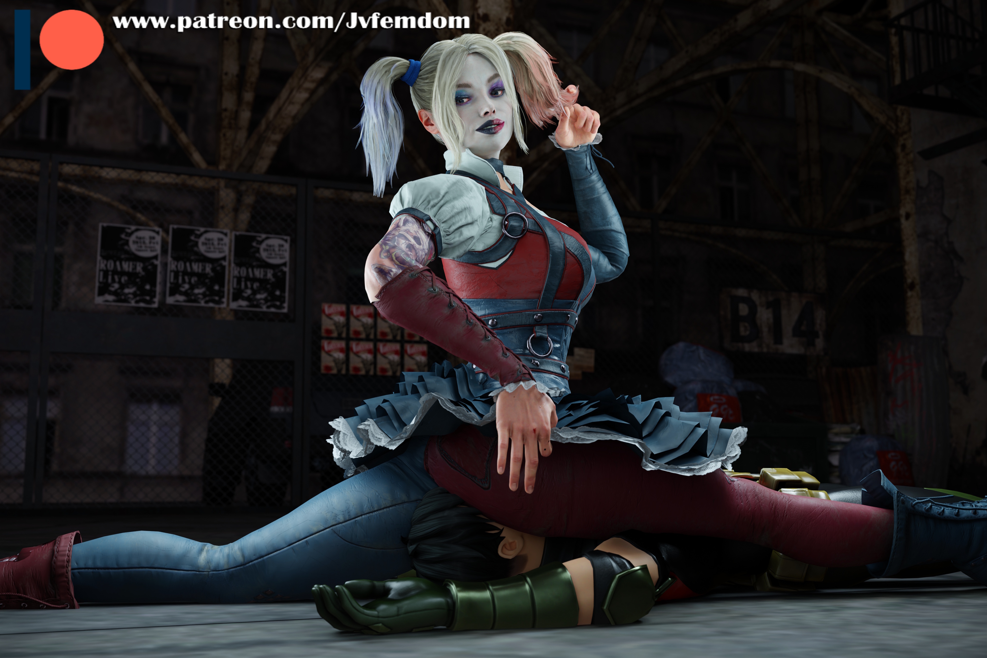 1boy, 1girls, 3d, absurd res, arrogant, ass, batman (series), batman: arkham knight, beaten, black hair, blender, breast smother, breasts, catfight, choking, dc, dc comics, defeated, dominant, dominant female, domination, dominatrix, female, female domination, femdom, fortnite, fortnite: battle royale, harley quinn, harley quinn (arkham), harley quinn (suicide squad game), helpless, highres, humiliated, humiliating, humiliation, jpeg, jvfemdom, legs, light skin, light-skinned female, long hair, looking pleasured, pinned, pinned down, robin (dc), robin (fortnite), robin (tim drake), sadism, sadistic, sadistic female, short hair, sitting, sitting on another, sitting on face, smile, smirk, smothered, smothering, smug, smug face, smug grin, straddling, submission, submission hold, submissive, suffocation, suicide squad, suicide squad: kill the justice league, swimsuit, tim drake, utter domination