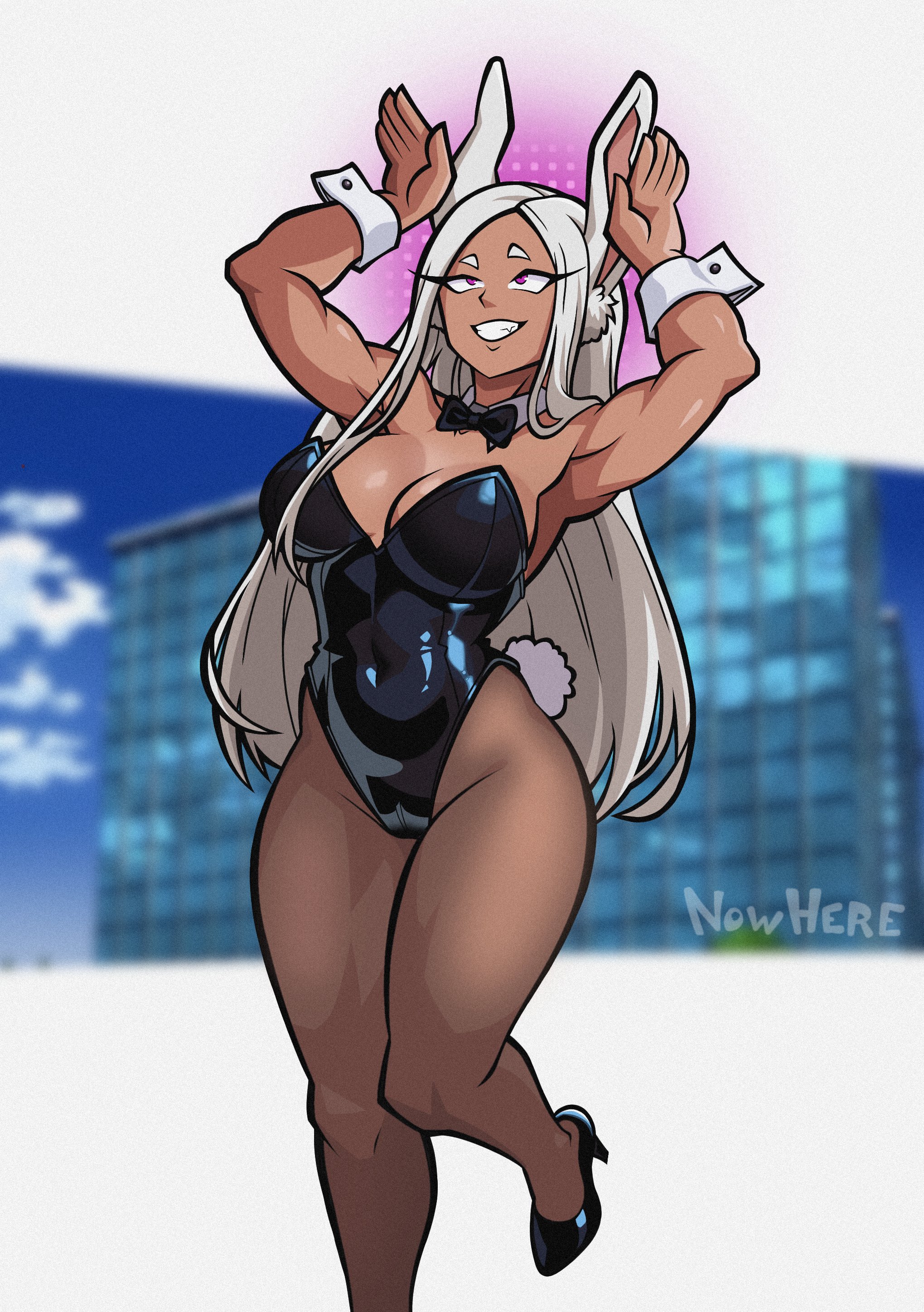 big breasts, bunny ears, bunny girl, bunny pose, bunnysuit, dark skin, femsub, happy trance, high heels, long hair, mirko, my hero academia, nowhere, pink eyes, rabbit, rabbit ears, rabbit girl, rumi usagiyama, smile, white hair, wide hips