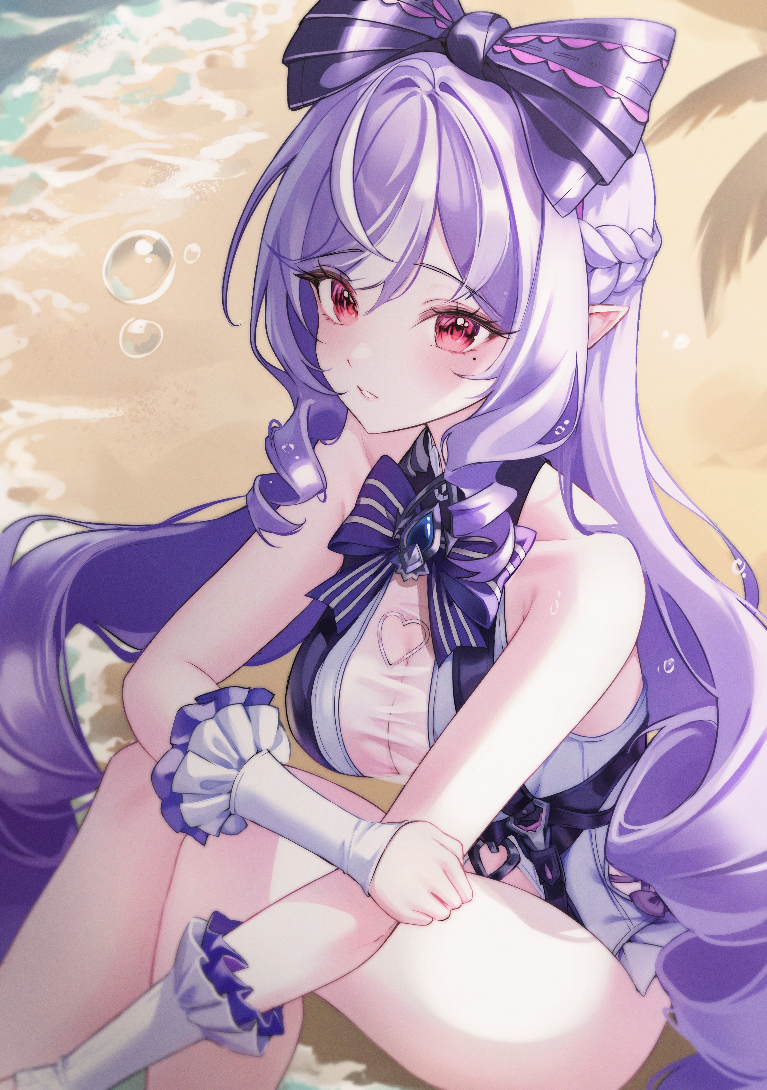 1girls, breasts, exposed breasts, female, hoyoverse, legs, long hair, mihoyo, official alternate costume, purple hair, red eyes, swimsuit, vivian banshee, vivian banshee (iris of the shore), white swimsuit, zenless zone zero
