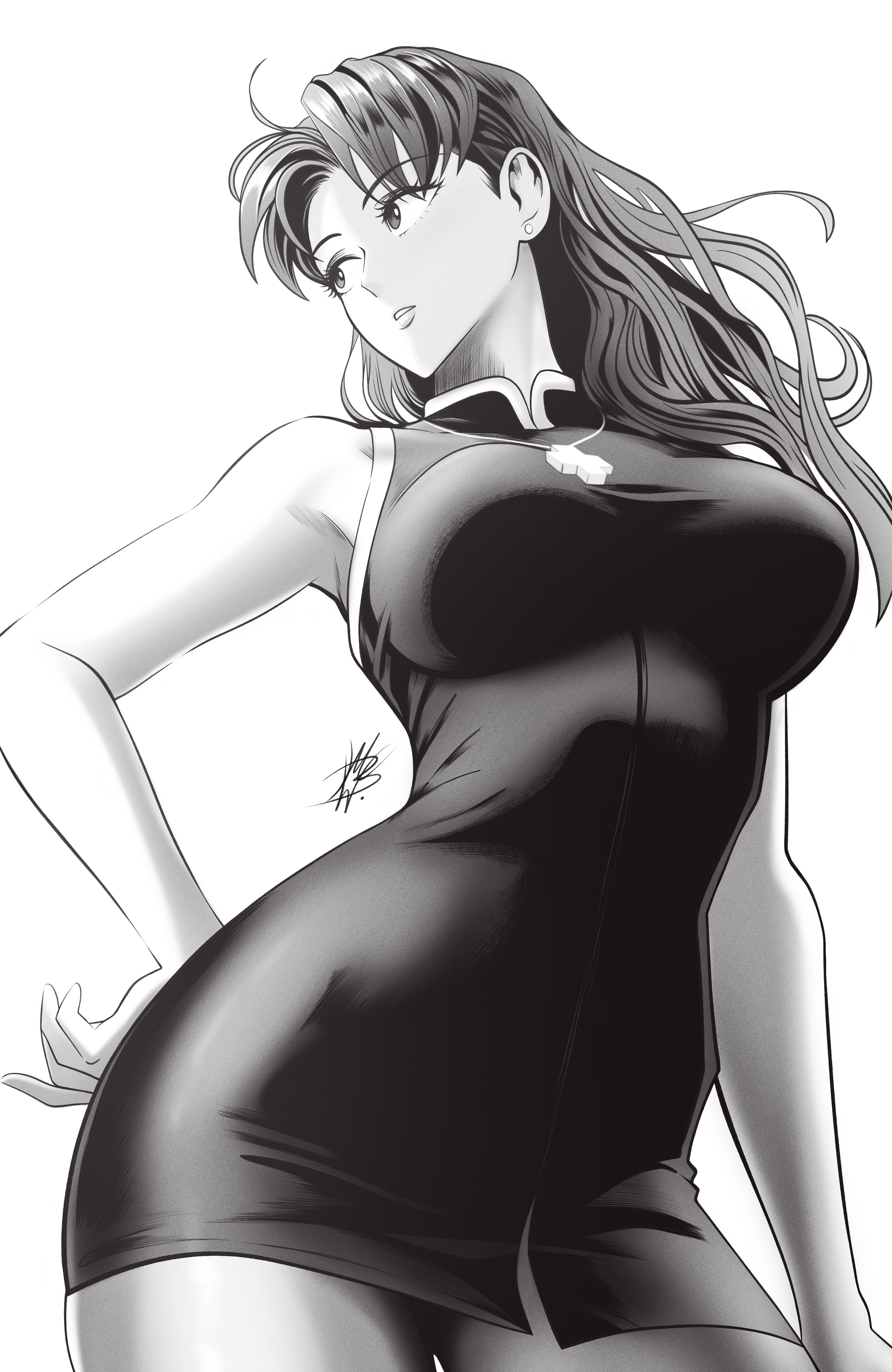 1girls, 2025, 2d, 2d (artwork), armpit, artist signature, ass, beautiful, big ass, big breasts, breasts, clothed, clothed female, clothing, cowboy shot, crucifix, dress, ear piercing, female, female only, gorgeous, greyscale, hourglass figure, huge breasts, human, human only, large breasts, looking away, medium hair, misato katsuragi, monochrome, mostlybluewyatt, necklace, neon genesis evangelion, piercing, sfw, signature, simple background, slim waist, solo, solo female, stunning, thick, thick ass, thick thighs, thighs, tight clothing, voluptuous, voluptuous female, white background, wide hips