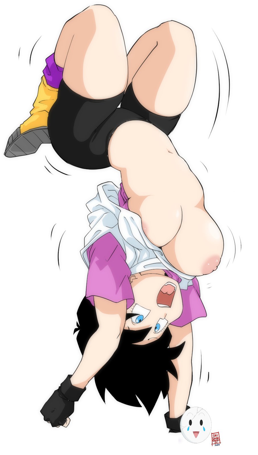 1girls, 2d, 2d (artwork), 2d artwork, black hair, breasts, breasts focus, breasts out of clothes, breasts outside, caisama, dragon ball, female, female focus, female only, hips, hips wider than shoulders, large breasts, legs, legs together, legs up, long legs, medium hair, navel, nipple slip, nipples, no bra, shirt, shirt lift, short hair, simple background, surprise, surprised, surprised expression, surprised face, thighs, videl, videl (short hair), white background, wide hips