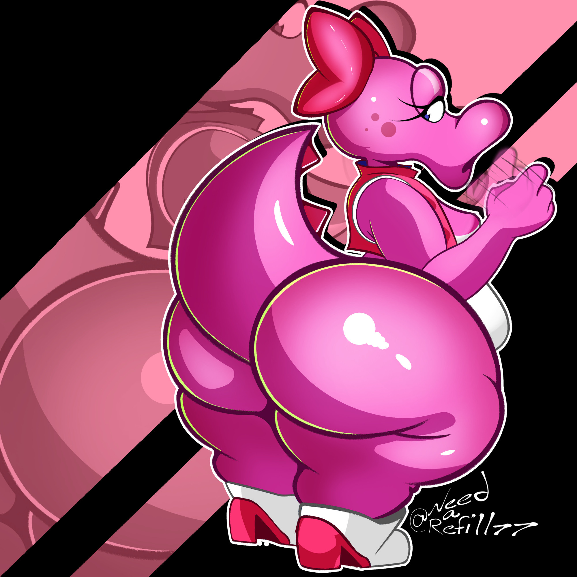 1girls, anthro, bedroom eyes, big ass, birdetta, birdo, birdo (pro racer), bow, bubble butt, chubby, chubby female, dinosaur, dinosaur girl, fat, fat ass, fellatio gesture, female, female only, huge ass, looking back, mario (series), mario kart world, needarefill77, nintendo, pink skin, signature, solo